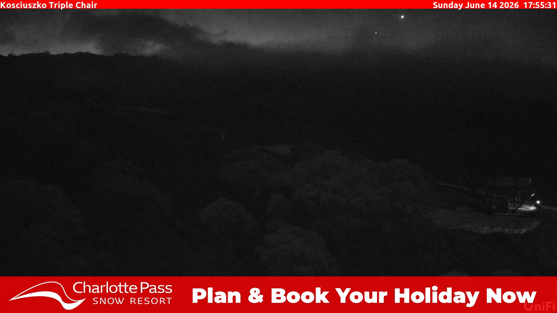 Charlotte Pass Kosciuszko Triple Chair snow cam captured at 14 June 2026 at 5:59 pm AEST