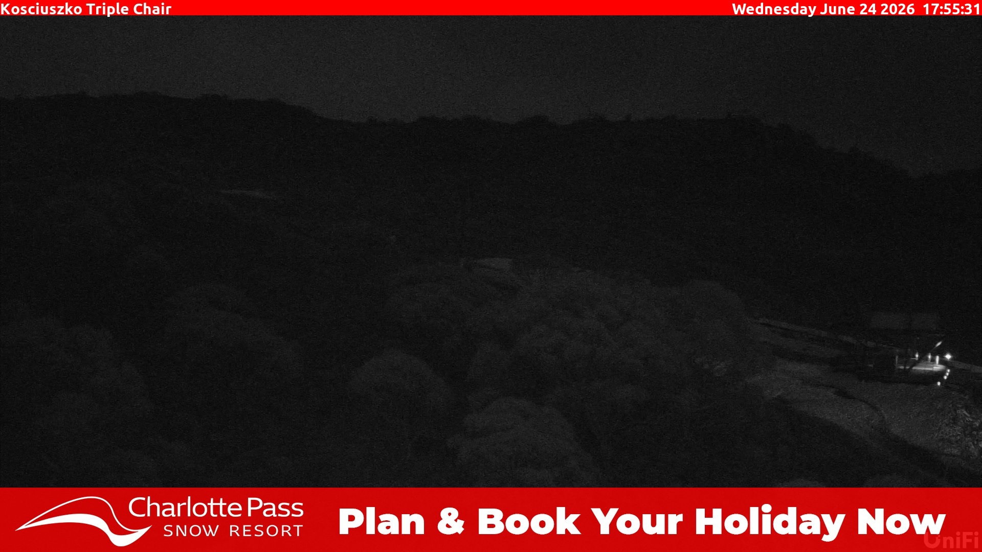 Charlotte Pass Kosciuszko Triple Chair snow cam captured at 24 June 2026 at 5:59 pm AEST