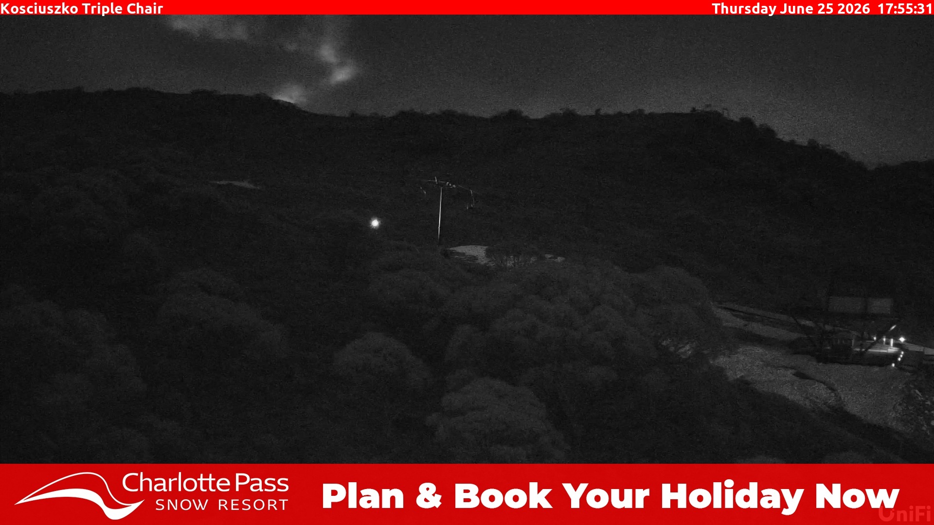 Charlotte Pass Kosciuszko Triple Chair snow cam captured at 25 June 2026 at 5:57 pm AEST