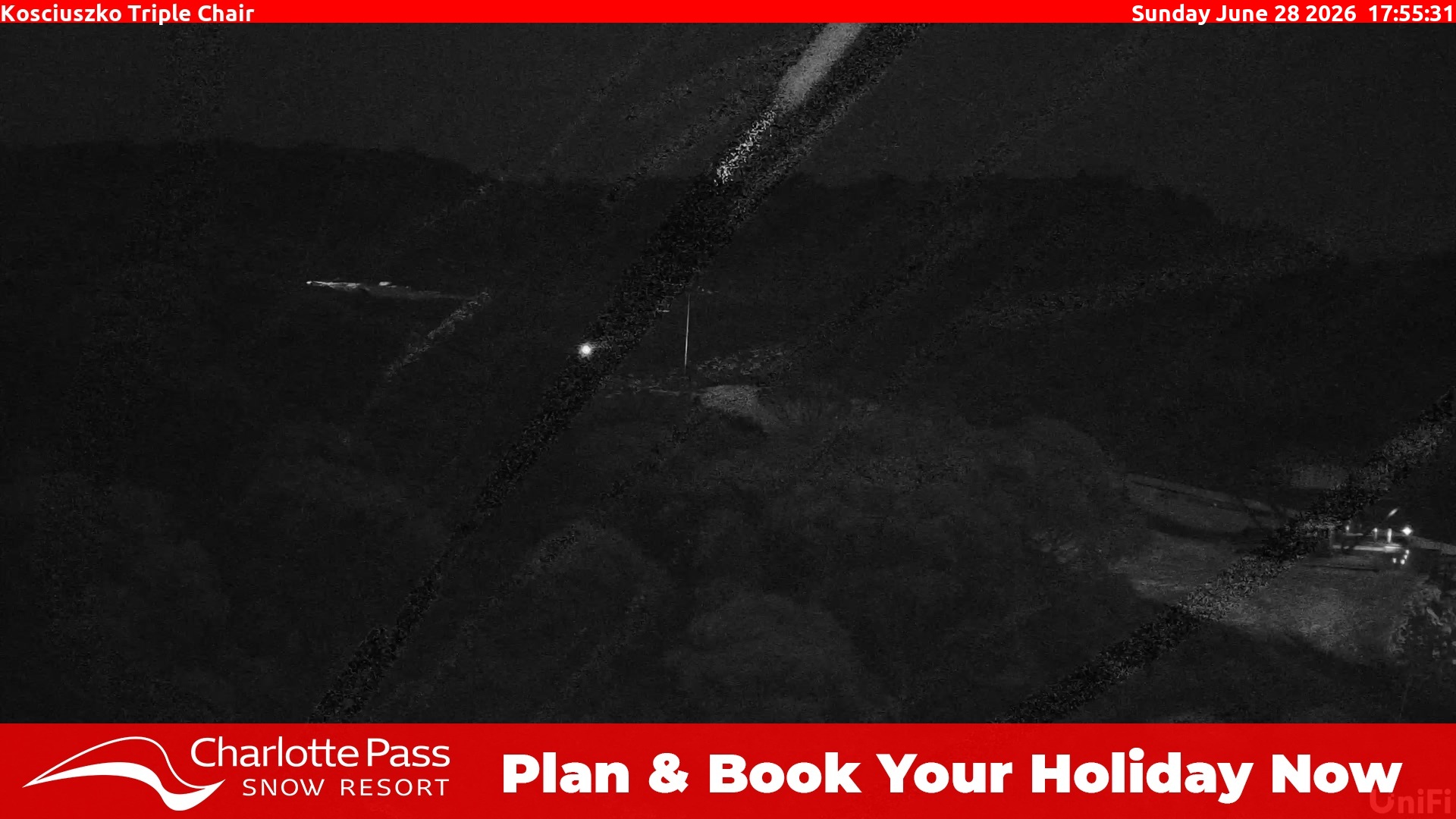 Charlotte Pass Kosciuszko Triple Chair snow cam captured at 28 June 2026 at 5:57 pm AEST