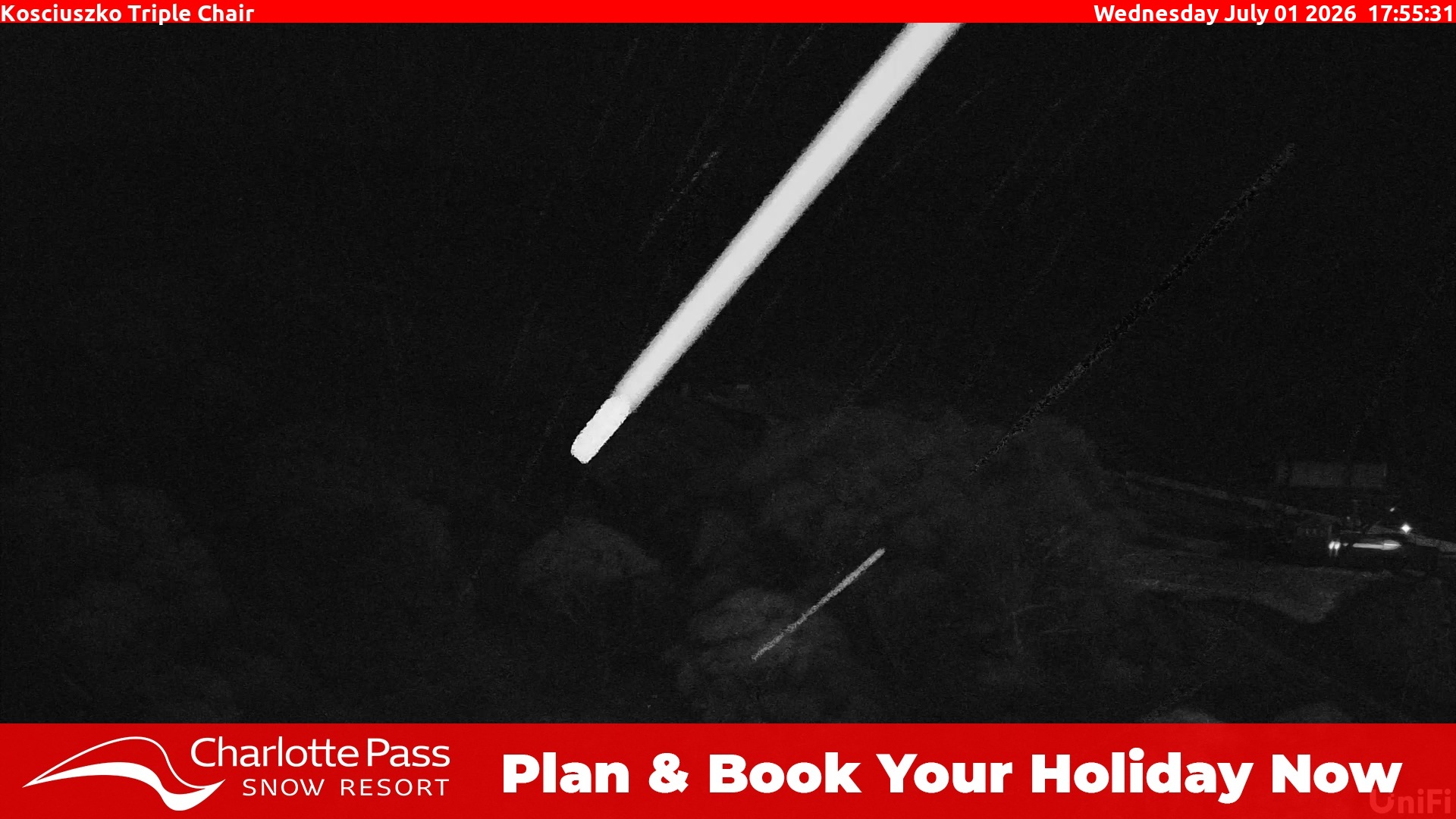 Charlotte Pass Kosciuszko Triple Chair snow cam captured at 1 July 2026 at 5:58 pm AEST
