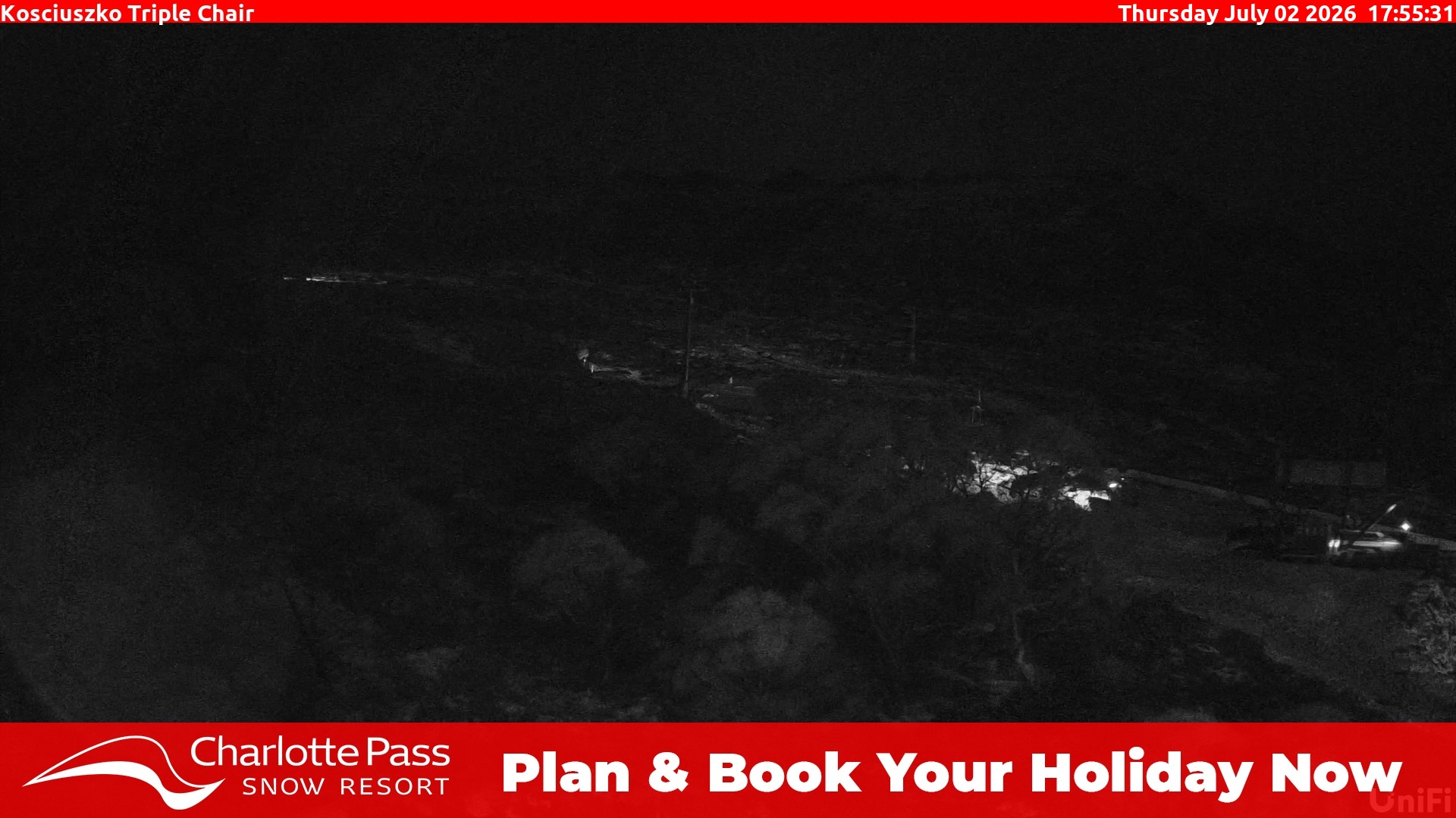 Charlotte Pass Kosciuszko Triple Chair snow cam captured at 2 July 2026 at 6:02 pm AEST