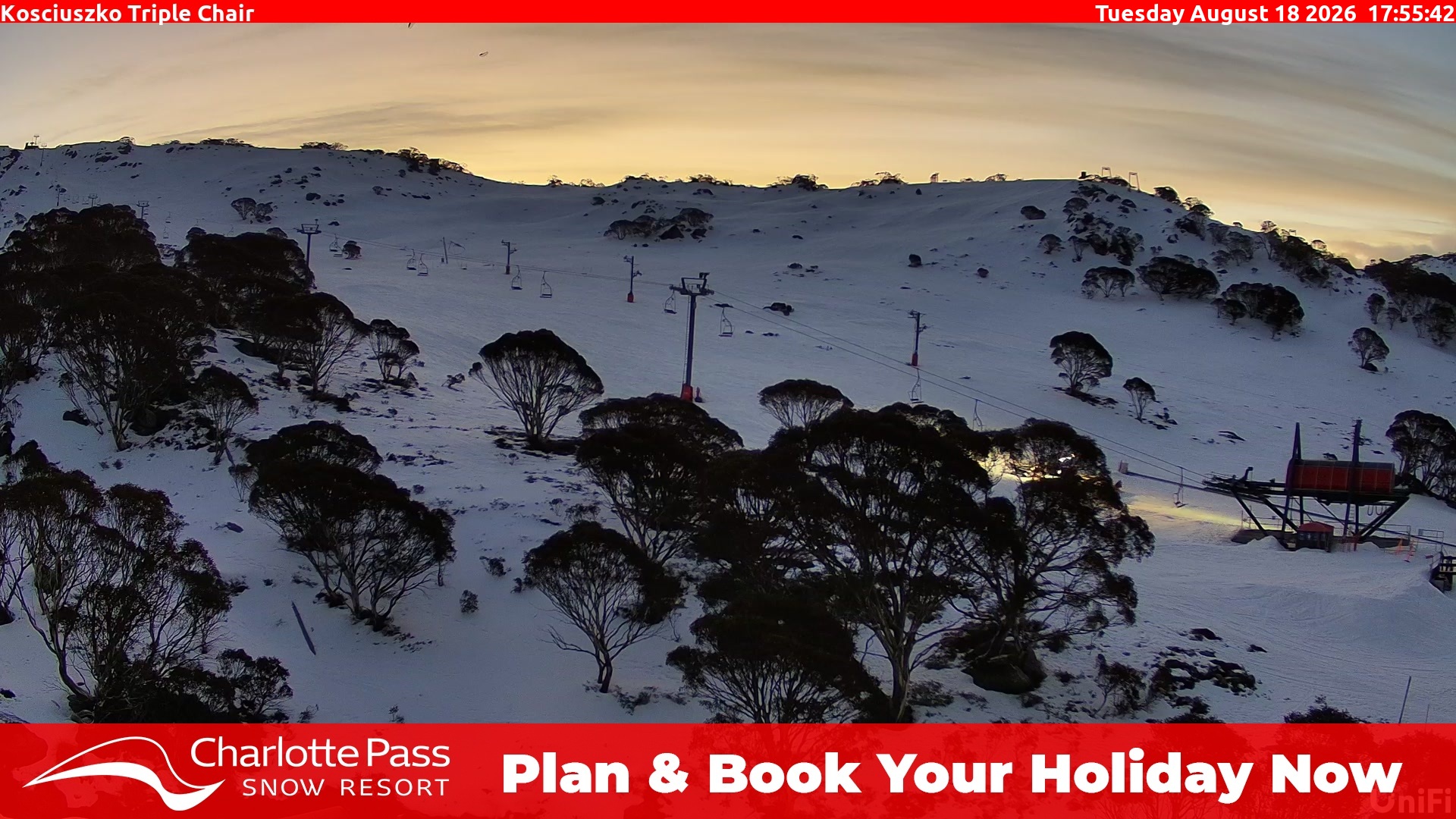 Charlotte Pass Kosciuszko Triple Chair snow cam captured at 18 August 2026 at 6:02 pm AEST