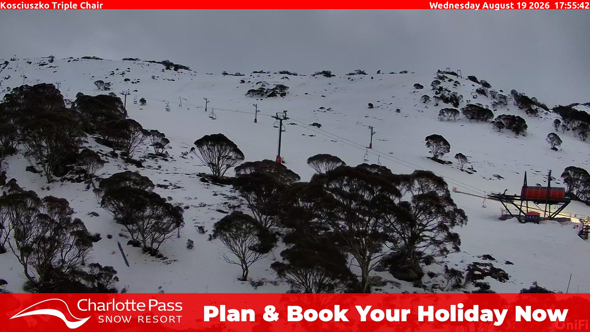 Charlotte Pass Kosciuszko Triple Chair snow cam captured at 19 August 2026 at 6:06 pm AEST