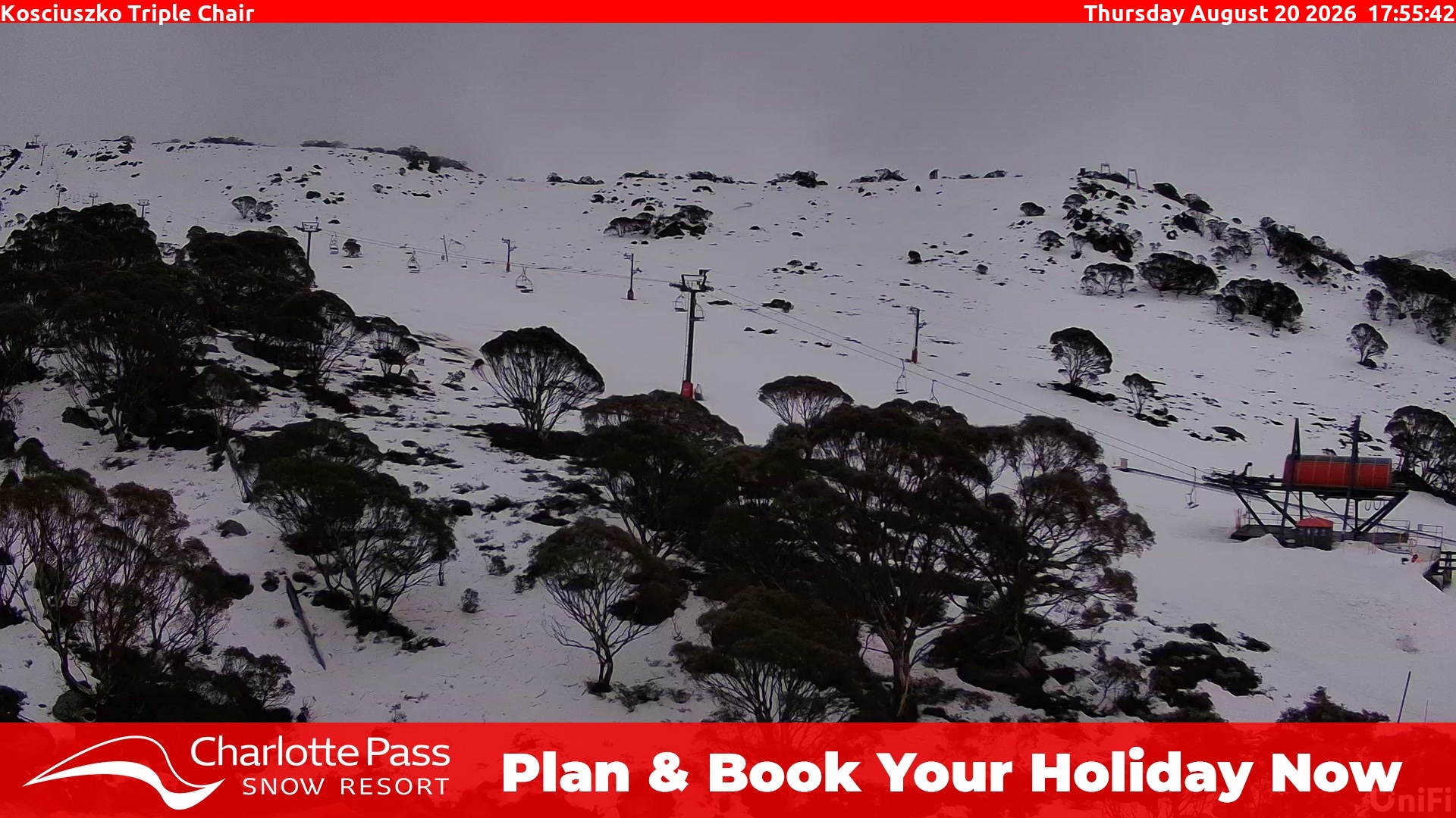 Charlotte Pass Kosciuszko Triple Chair snow cam captured at 20 August 2026 at 5:56 pm AEST