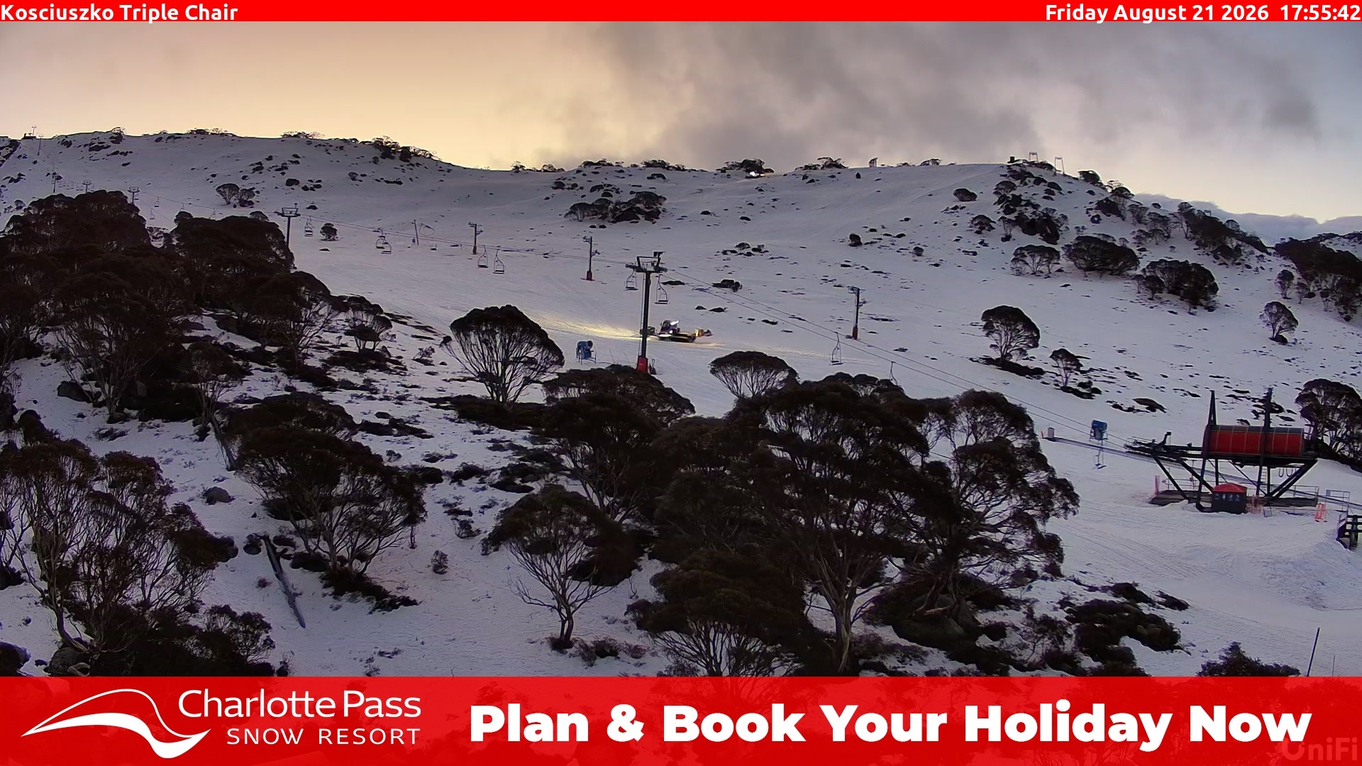 Charlotte Pass Kosciuszko Triple Chair snow cam captured at 21 August 2026 at 5:57 pm AEST