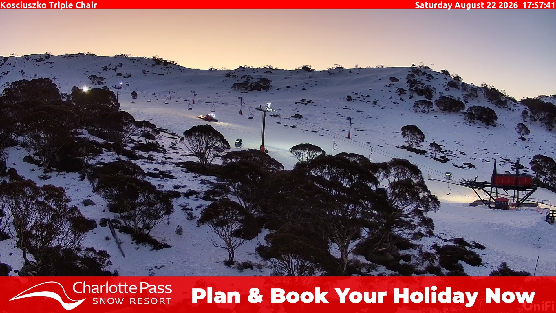 Charlotte Pass Kosciuszko Triple Chair snow cam captured at 22 August 2026 at 6:09 pm AEST