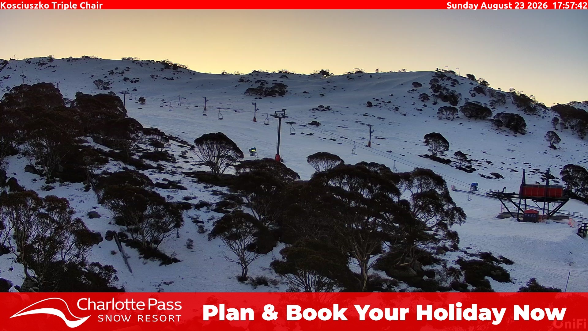 Charlotte Pass Kosciuszko Triple Chair snow cam captured at 23 August 2026 at 6:10 pm AEST