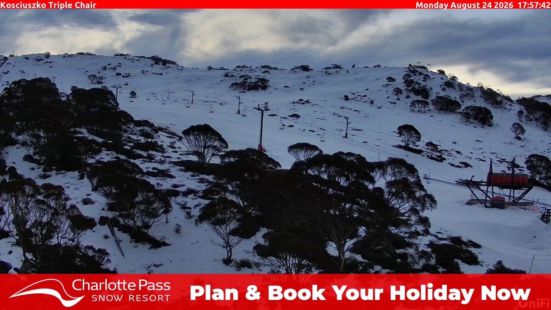 Charlotte Pass Kosciuszko Triple Chair snow cam captured at 24 August 2026 at 6:00 pm AEST