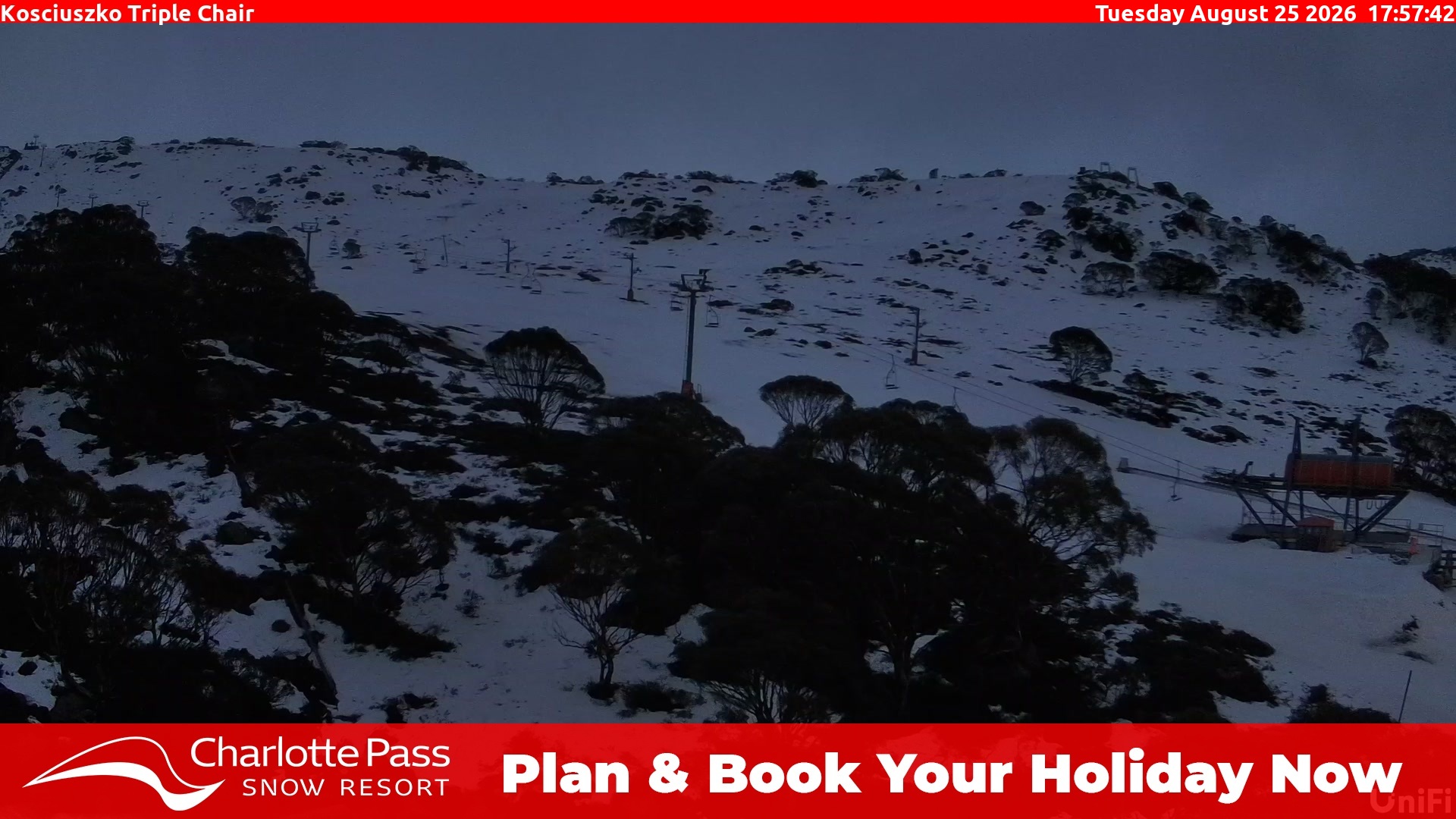 Charlotte Pass Kosciuszko Triple Chair snow cam captured at 25 August 2026 at 6:01 pm AEST