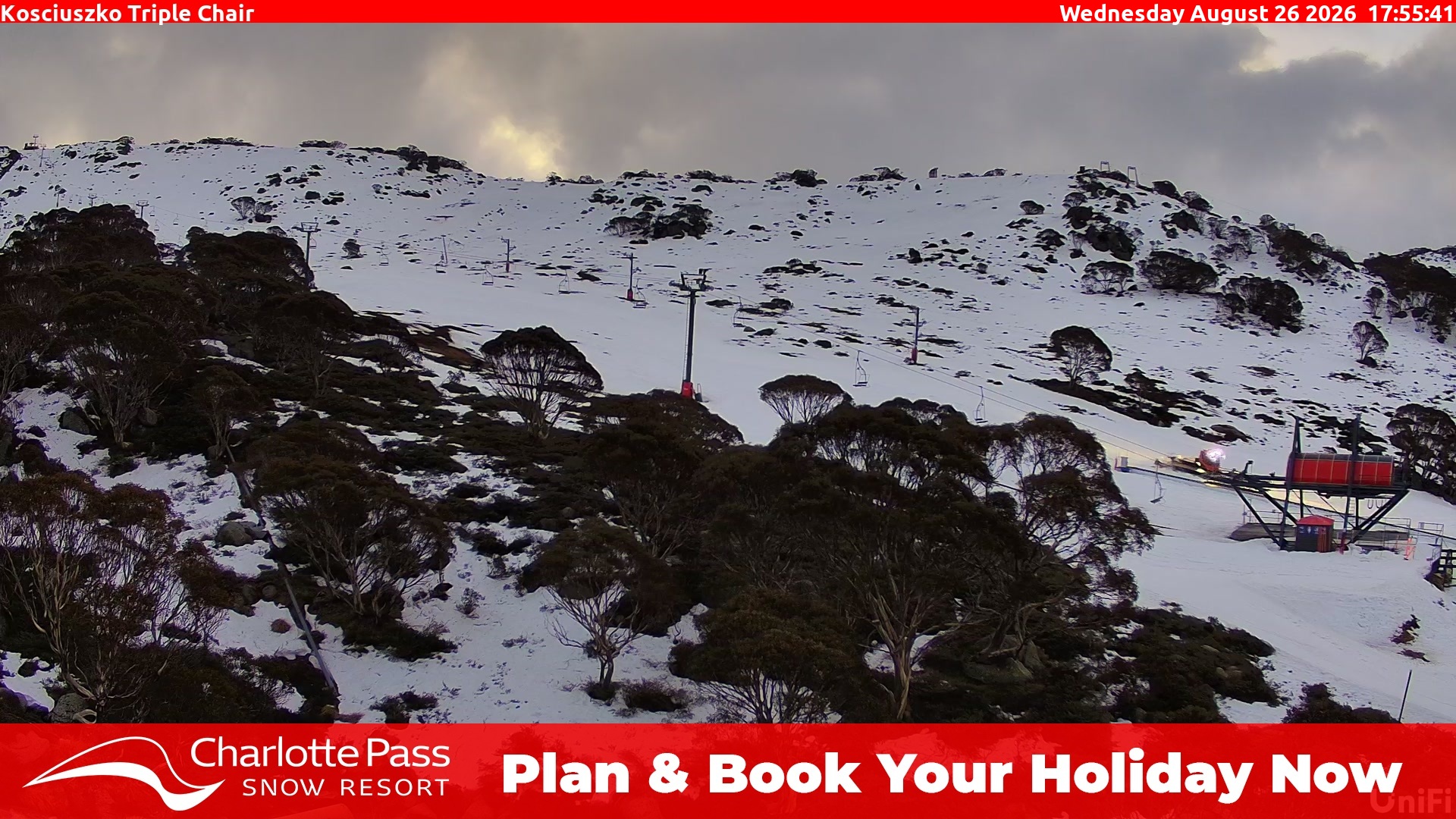 Charlotte Pass Kosciuszko Triple Chair snow cam captured at 26 August 2026 at 6:02 pm AEST