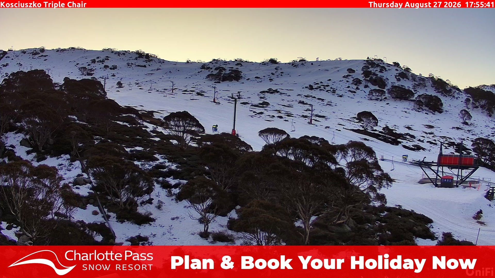 Charlotte Pass Kosciuszko Triple Chair snow cam captured at 27 August 2026 at 6:03 pm AEST