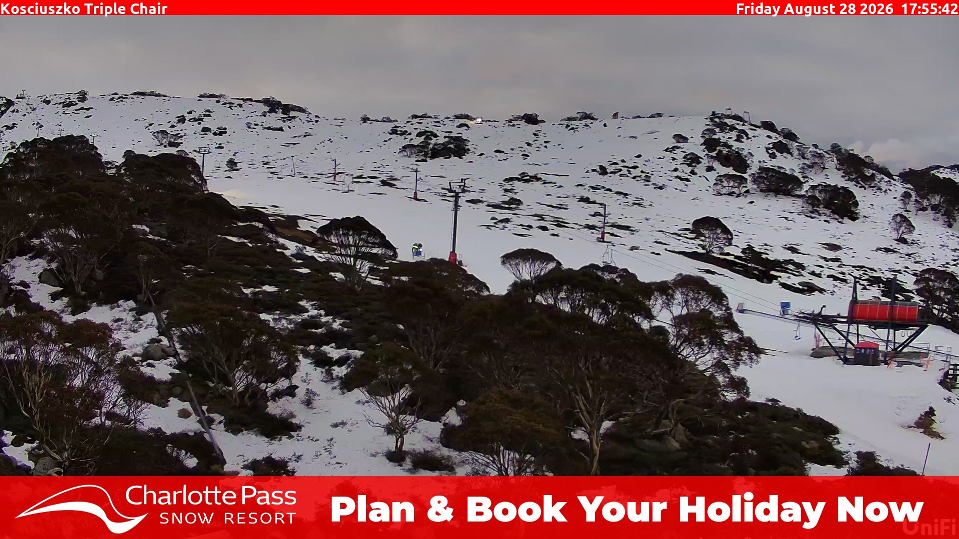 Charlotte Pass Kosciuszko Triple Chair snow cam captured at 28 August 2026 at 6:04 pm AEST