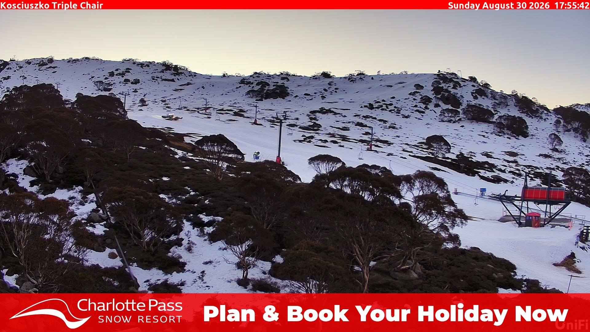 Charlotte Pass Kosciuszko Triple Chair snow cam captured at 30 August 2026 at 5:55 pm AEST
