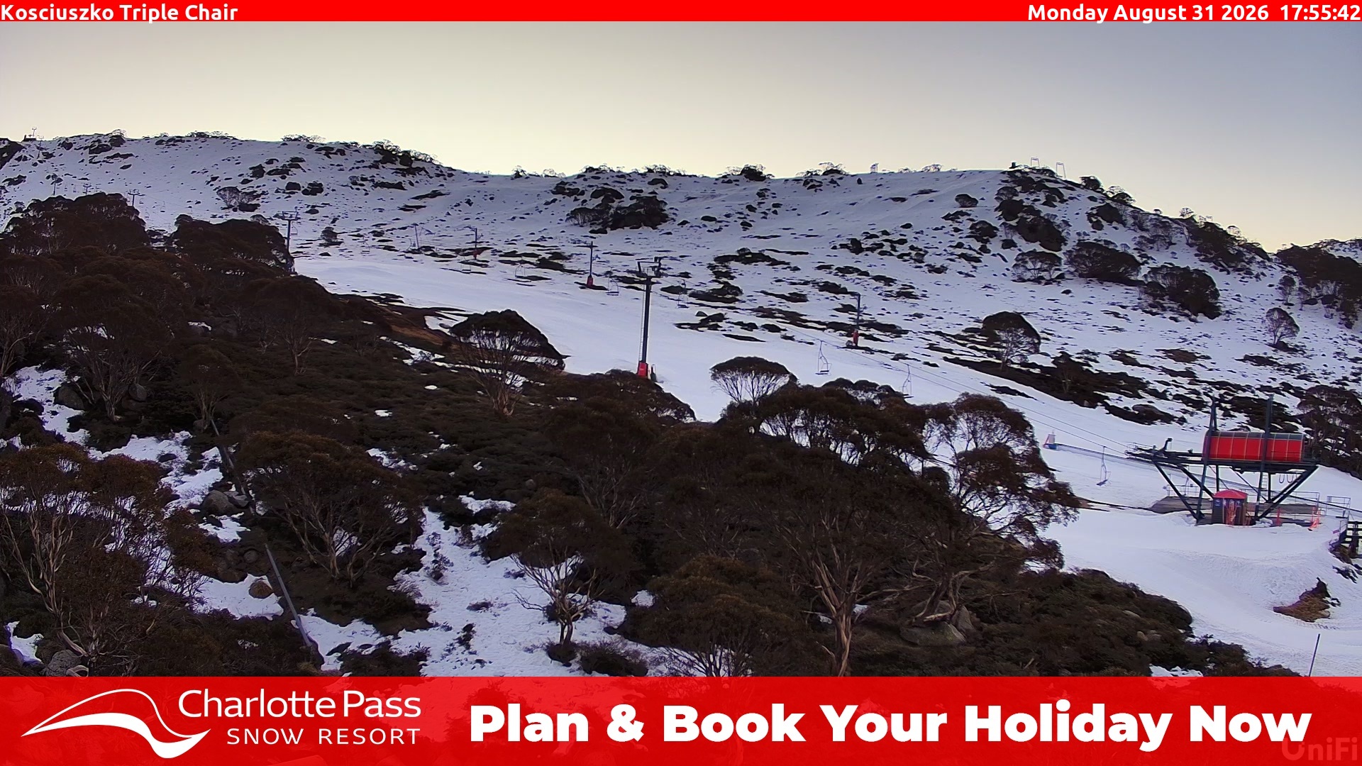 Charlotte Pass Kosciuszko Triple Chair snow cam captured at 31 August 2026 at 5:56 pm AEST