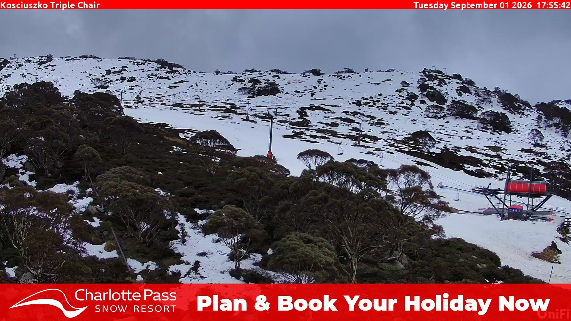 Charlotte Pass Kosciuszko Triple Chair snow cam captured at 1 September 2026 at 6:03 pm AEST