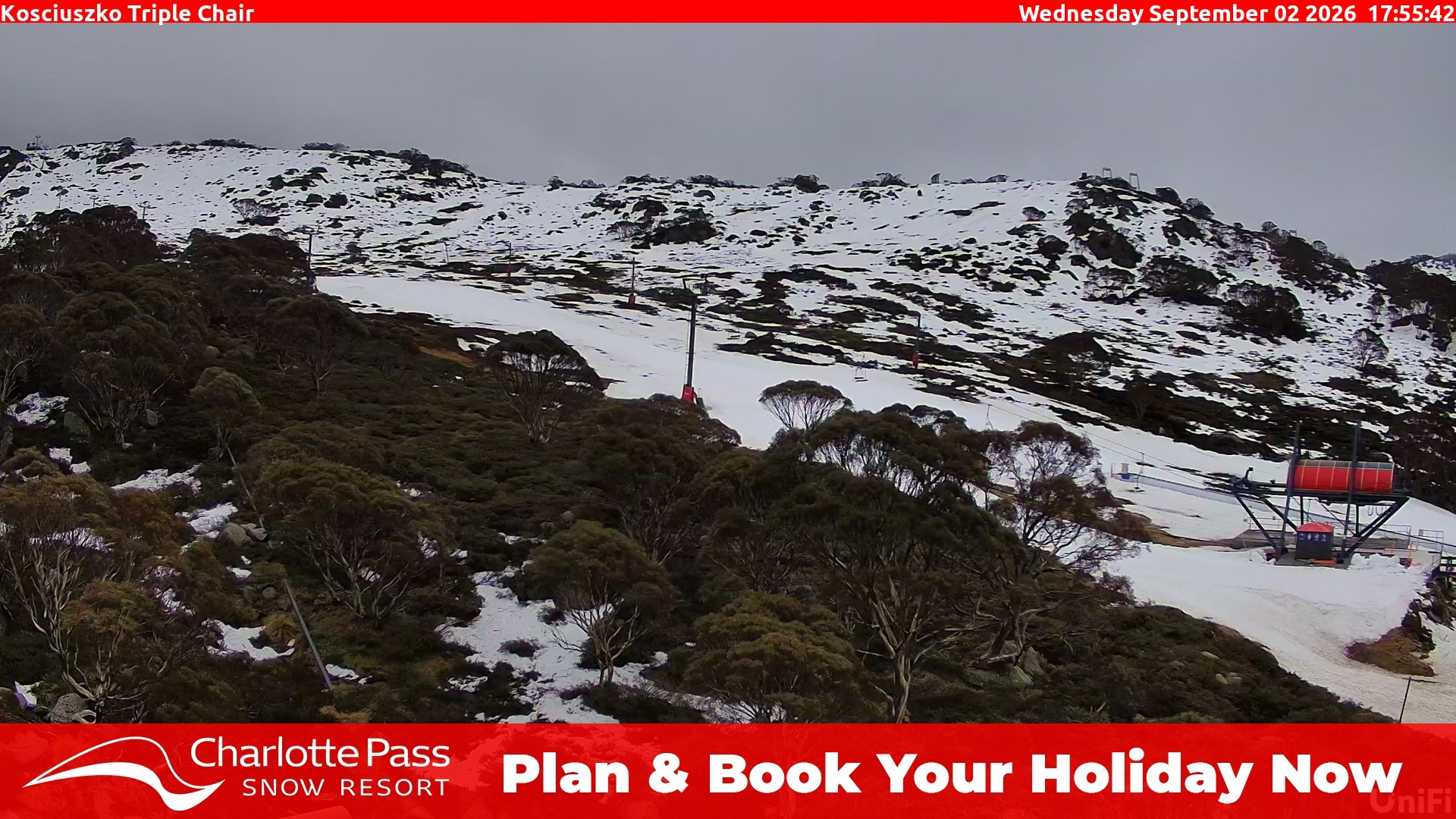 Charlotte Pass Kosciuszko Triple Chair snow cam captured at 2 September 2026 at 5:59 pm AEST