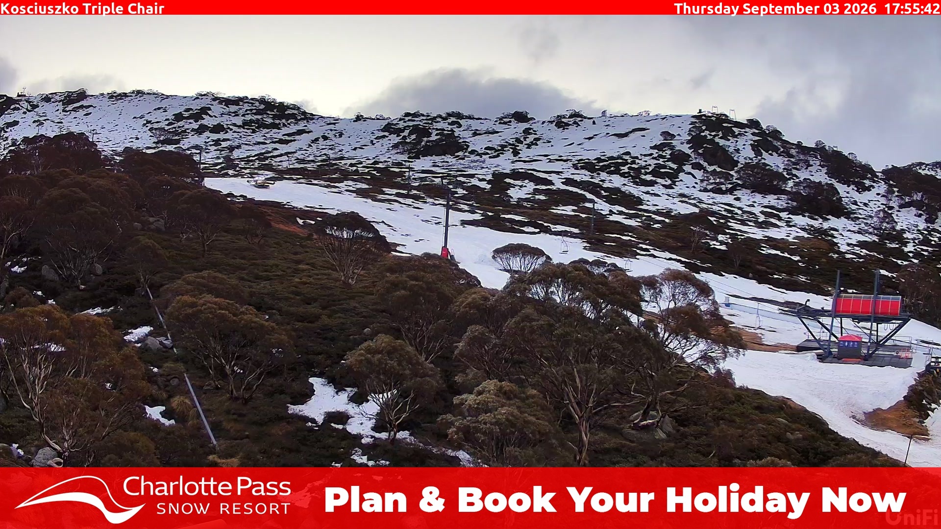 Charlotte Pass Kosciuszko Triple Chair snow cam captured at 3 September 2026 at 6:03 pm AEST