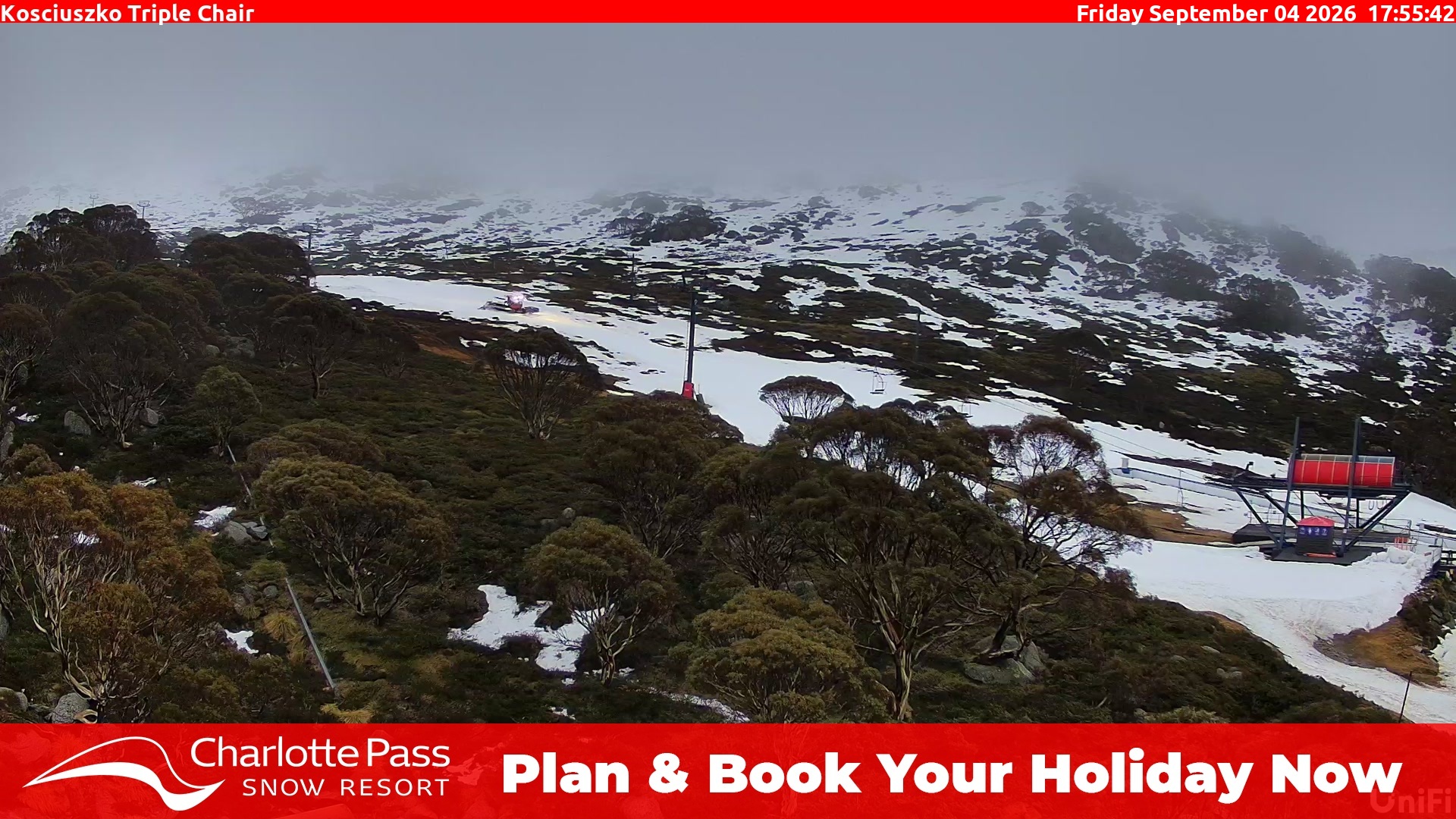 Charlotte Pass Kosciuszko Triple Chair snow cam captured at 4 September 2026 at 6:04 pm AEST