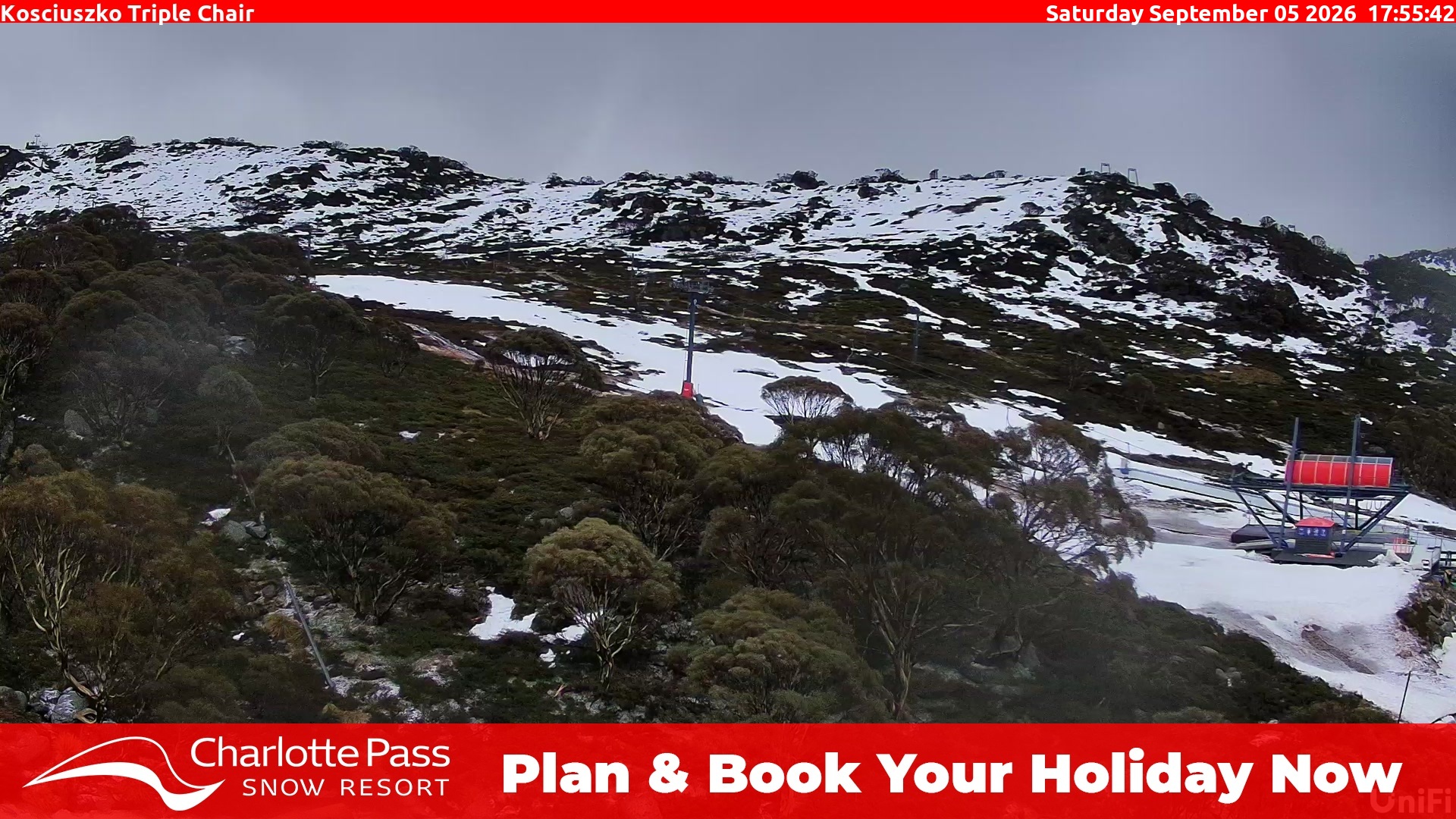 Charlotte Pass Kosciuszko Triple Chair snow cam captured at 5 September 2026 at 5:58 pm AEST