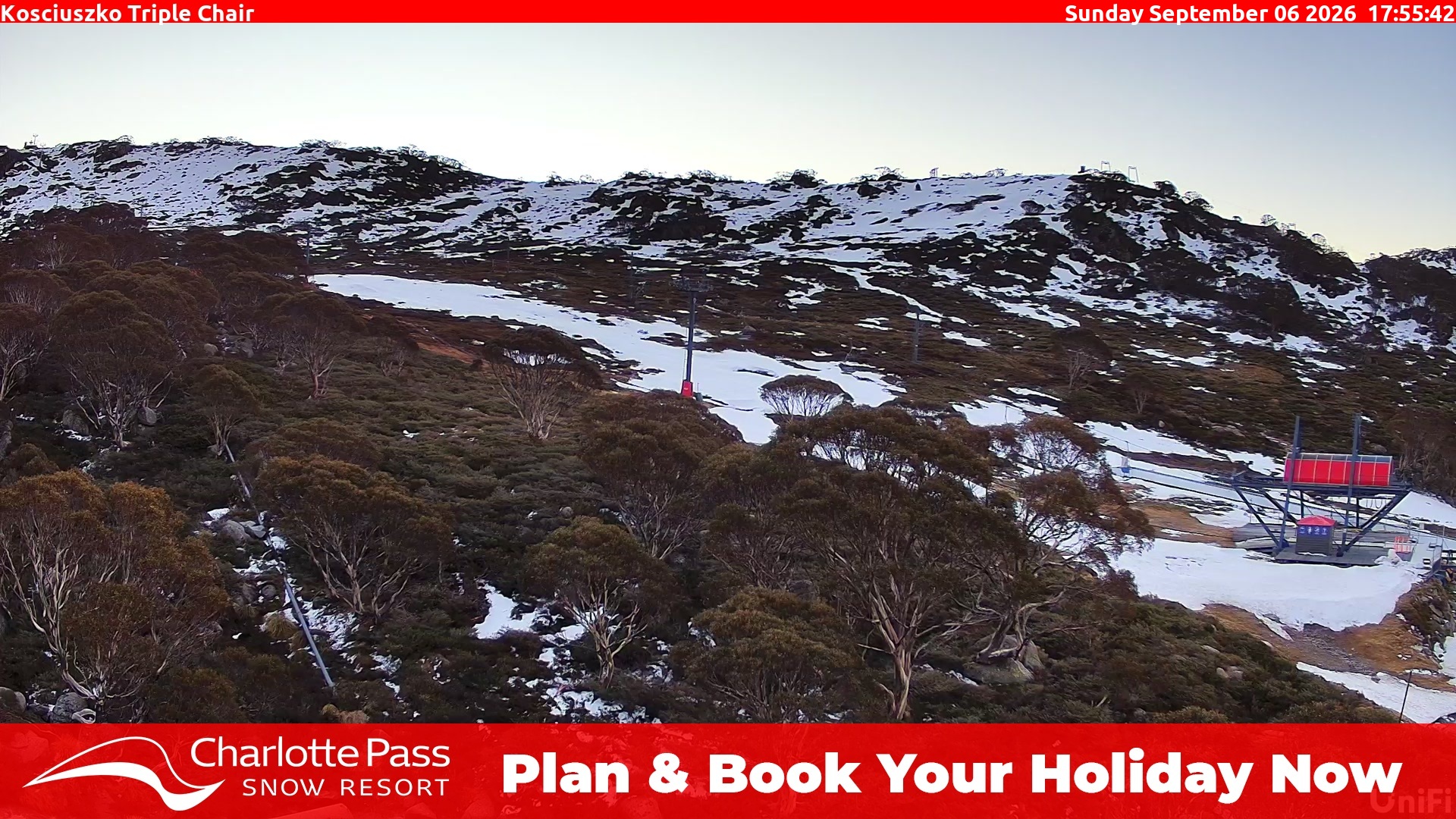 Charlotte Pass Kosciuszko Triple Chair snow cam captured at 6 September 2026 at 5:59 pm AEST
