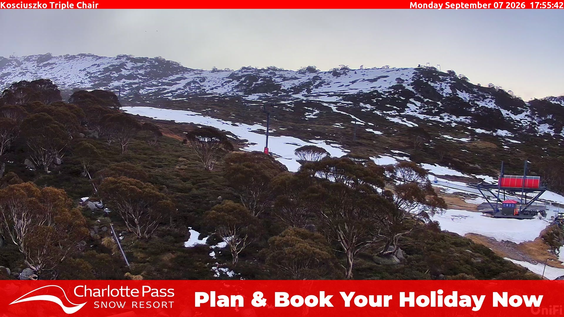 Charlotte Pass Kosciuszko Triple Chair snow cam captured at 7 September 2026 at 6:00 pm AEST