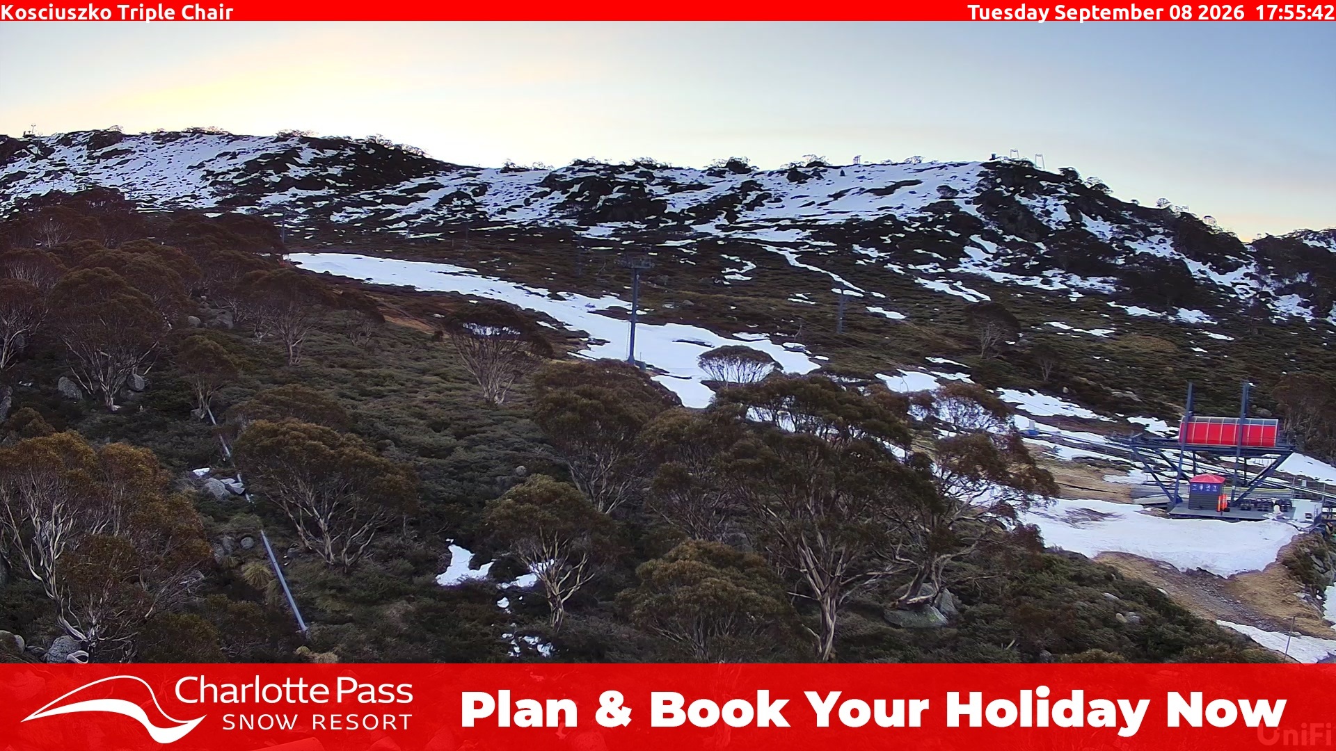 Charlotte Pass Kosciuszko Triple Chair snow cam captured at 8 September 2026 at 6:03 pm AEST