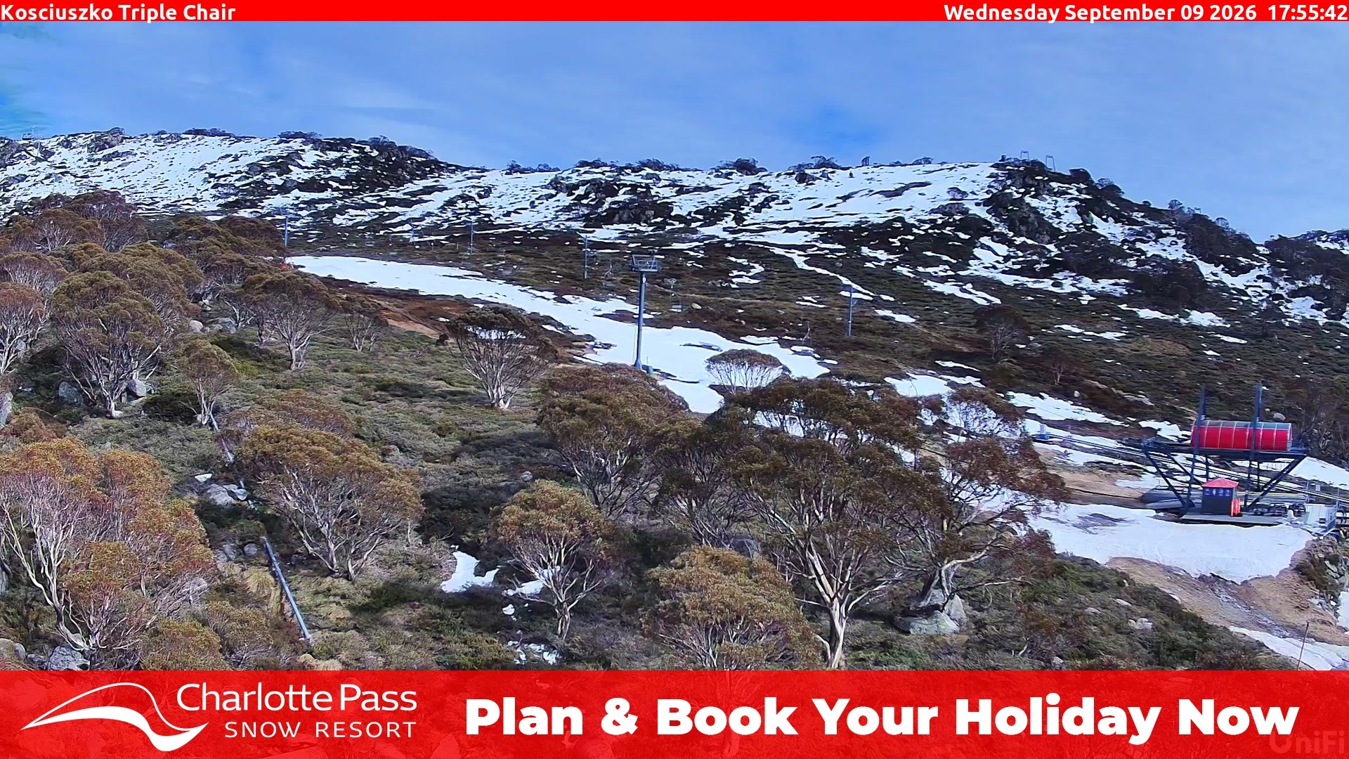 Charlotte Pass Kosciuszko Triple Chair snow cam captured at 9 September 2026 at 6:05 pm AEST