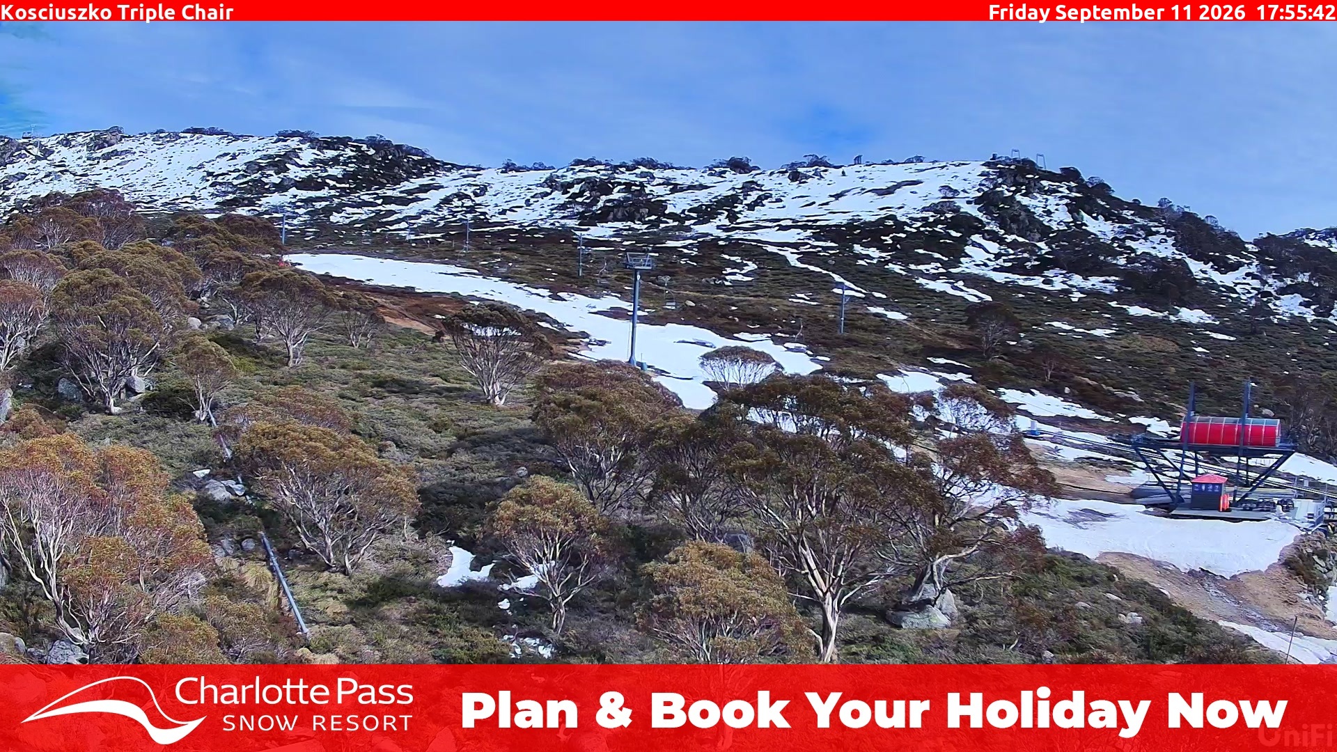 Charlotte Pass Kosciuszko Triple Chair snow cam captured at 11 September 2026 at 5:57 pm AEST