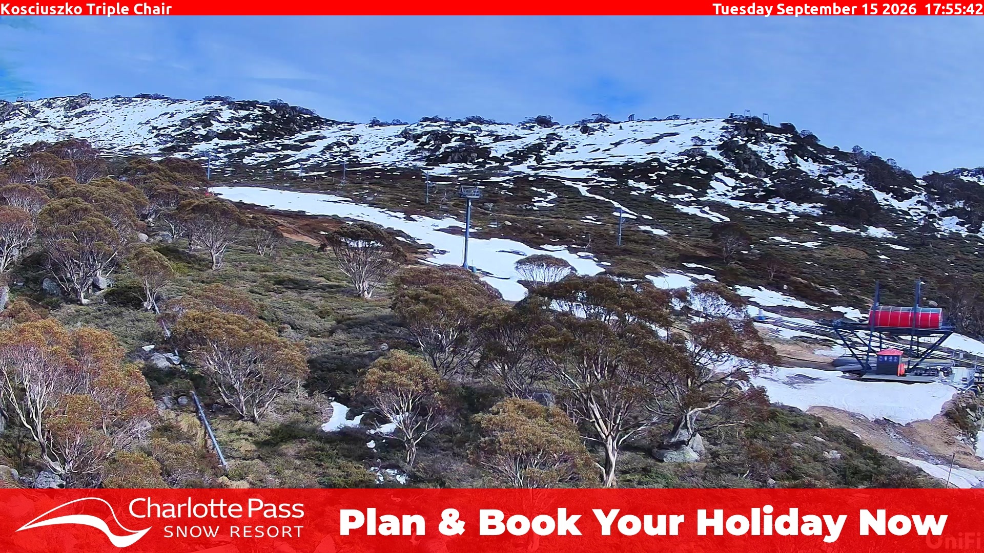 Charlotte Pass Kosciuszko Triple Chair snow cam captured at 15 September 2026 at 5:59 pm AEST
