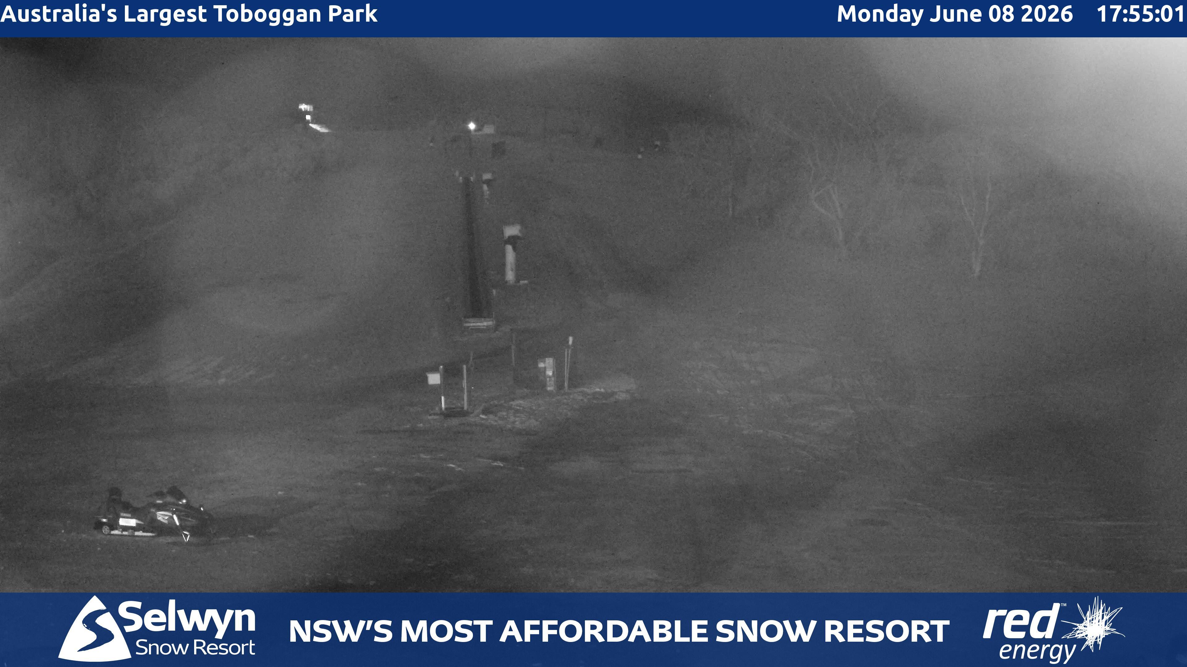 Selwyn Snow Resort Toboggan Park snow cam captured at 8 June 2026 at 5:56 pm AEST