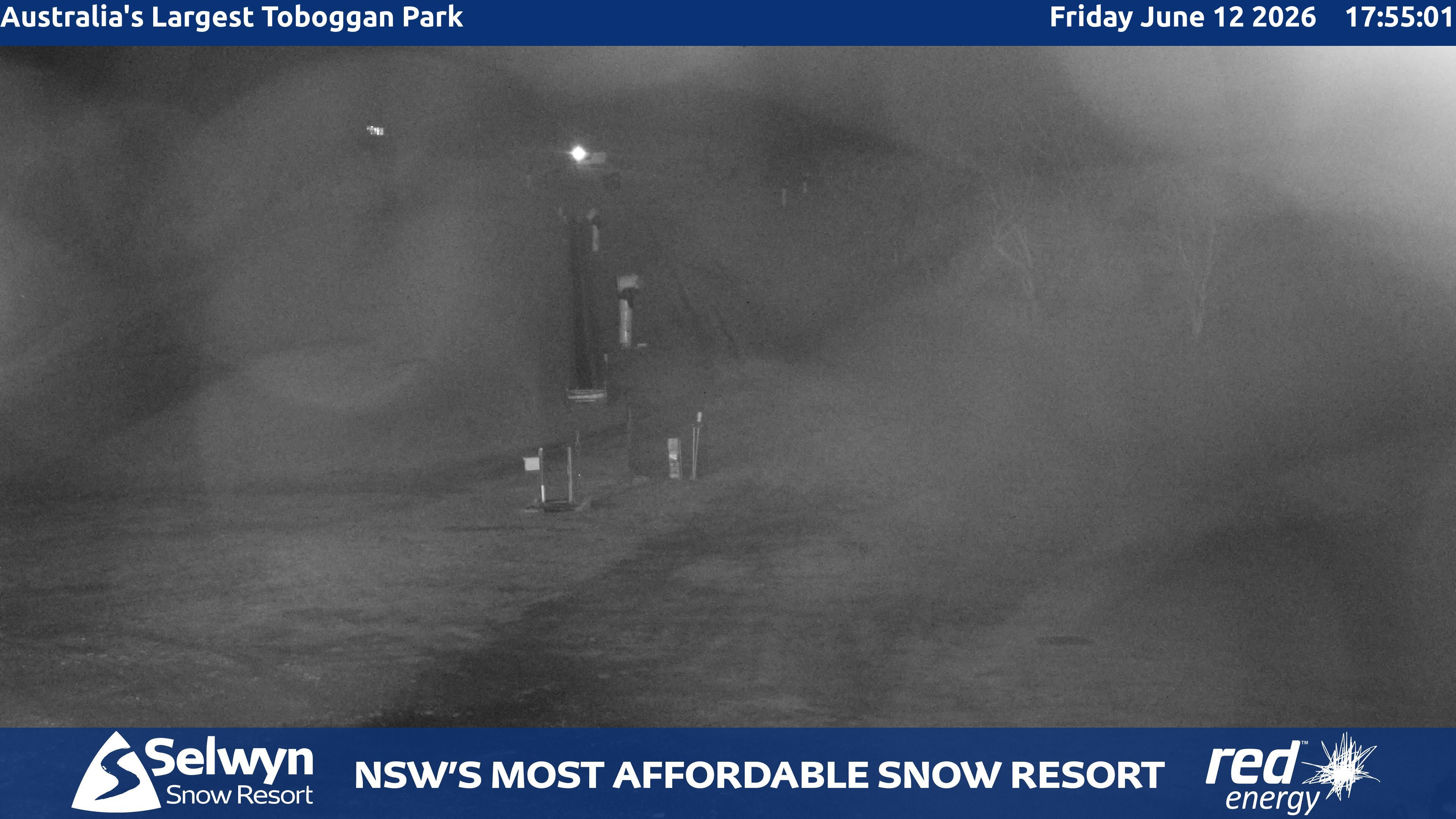 Selwyn Snow Resort Toboggan Park snow cam captured at 12 June 2026 at 5:57 pm AEST