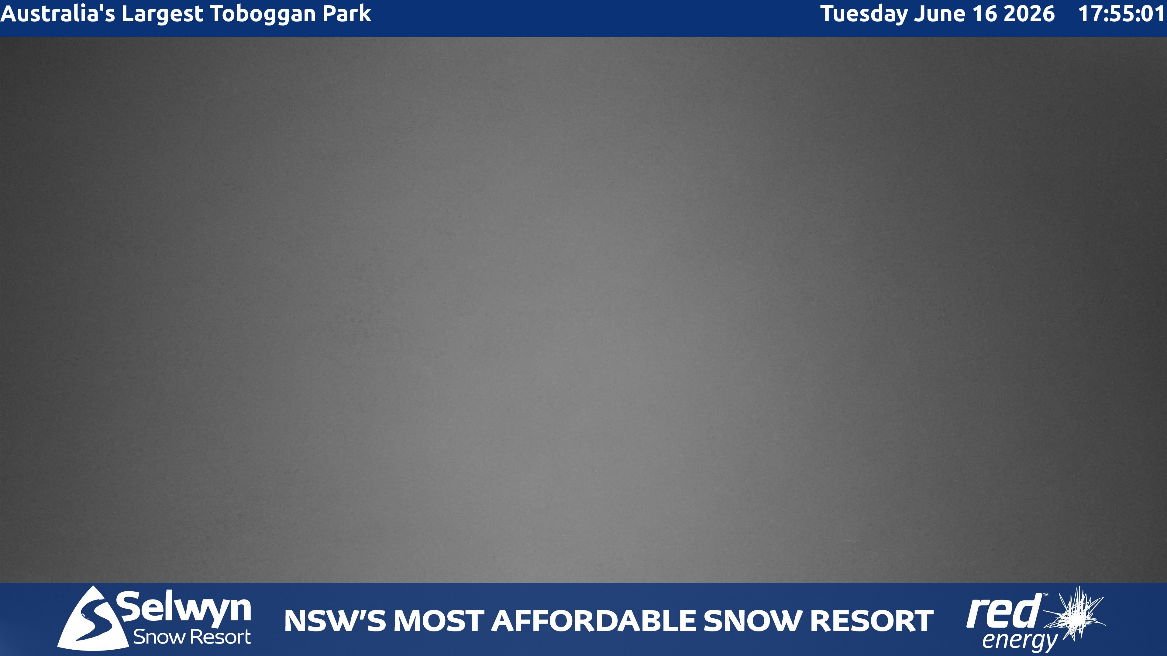 Selwyn Snow Resort Toboggan Park snow cam captured at 16 June 2026 at 5:55 pm AEST