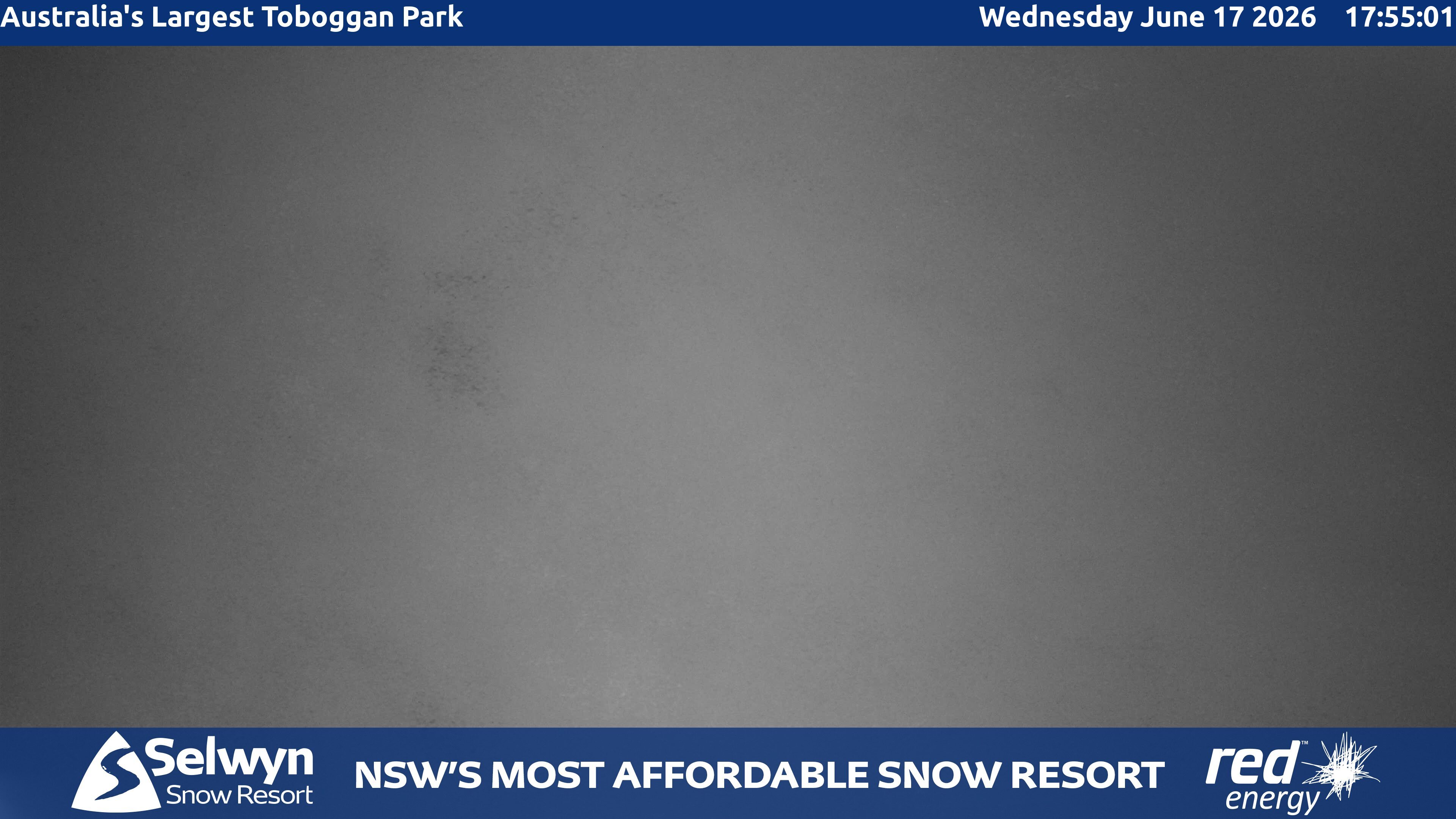 Selwyn Snow Resort Toboggan Park snow cam captured at 17 June 2026 at 5:55 pm AEST