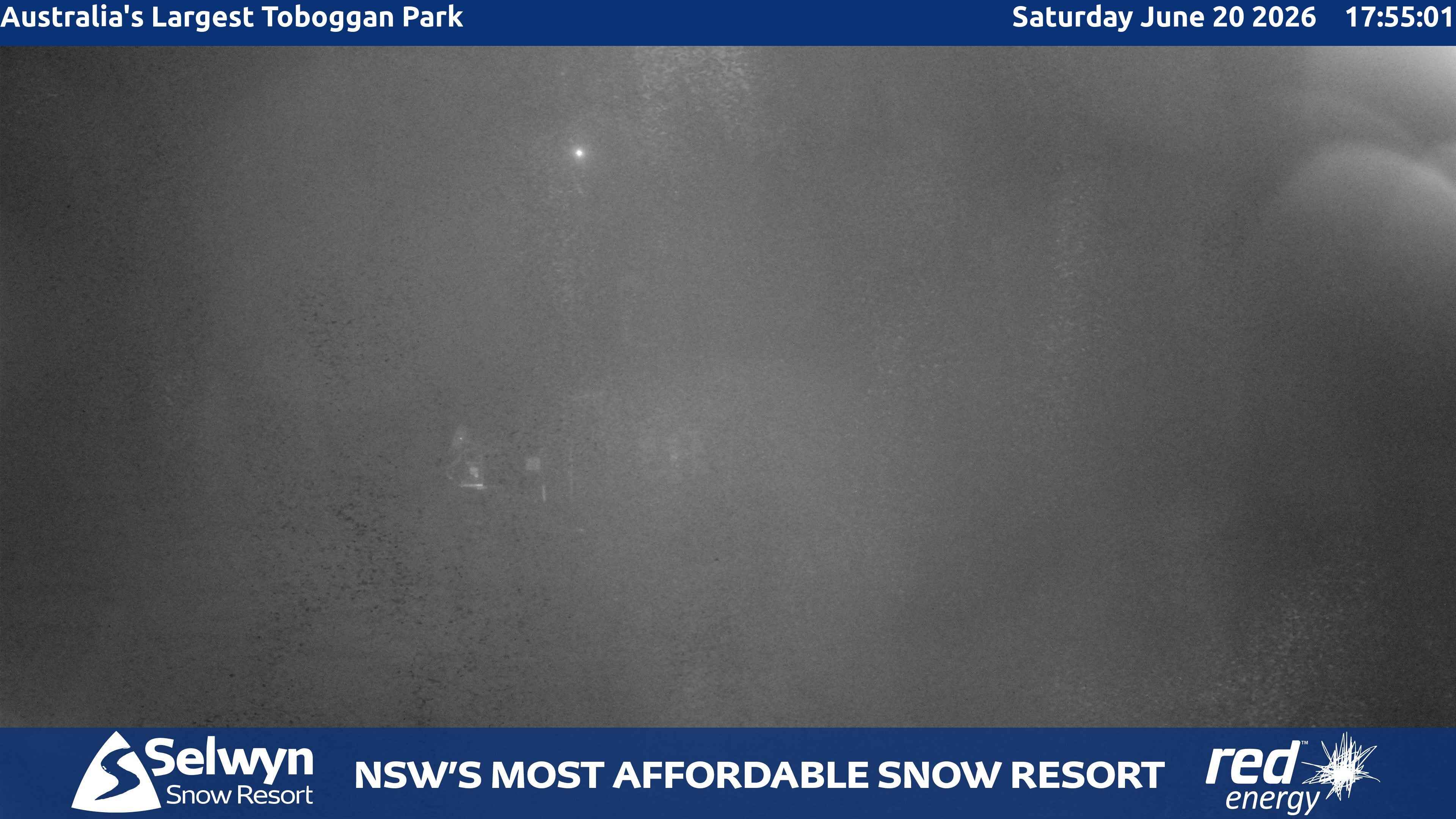 Selwyn Snow Resort Toboggan Park snow cam captured at 20 June 2026 at 5:55 pm AEST