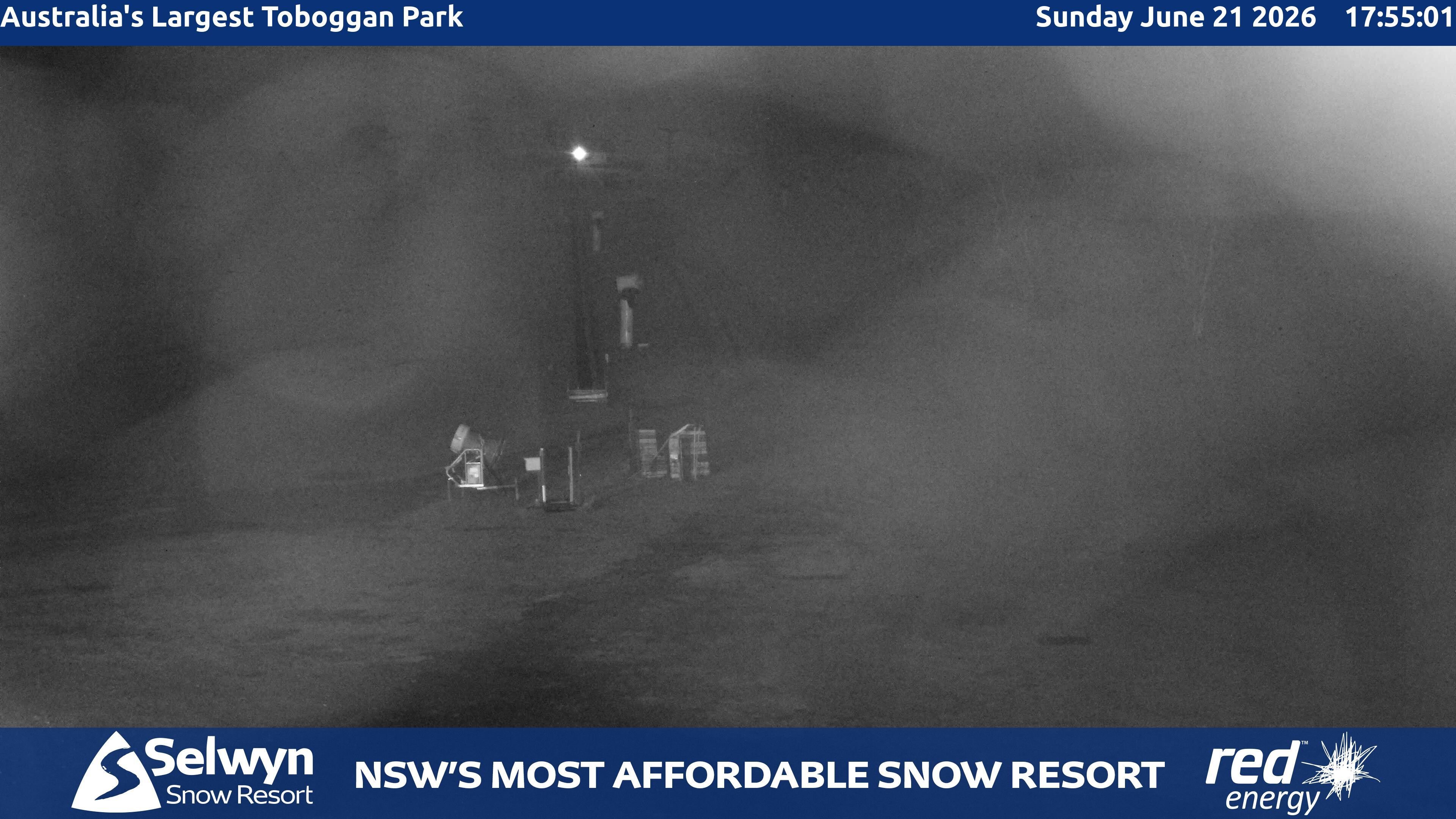 Selwyn Snow Resort Toboggan Park snow cam captured at 21 June 2026 at 5:56 pm AEST