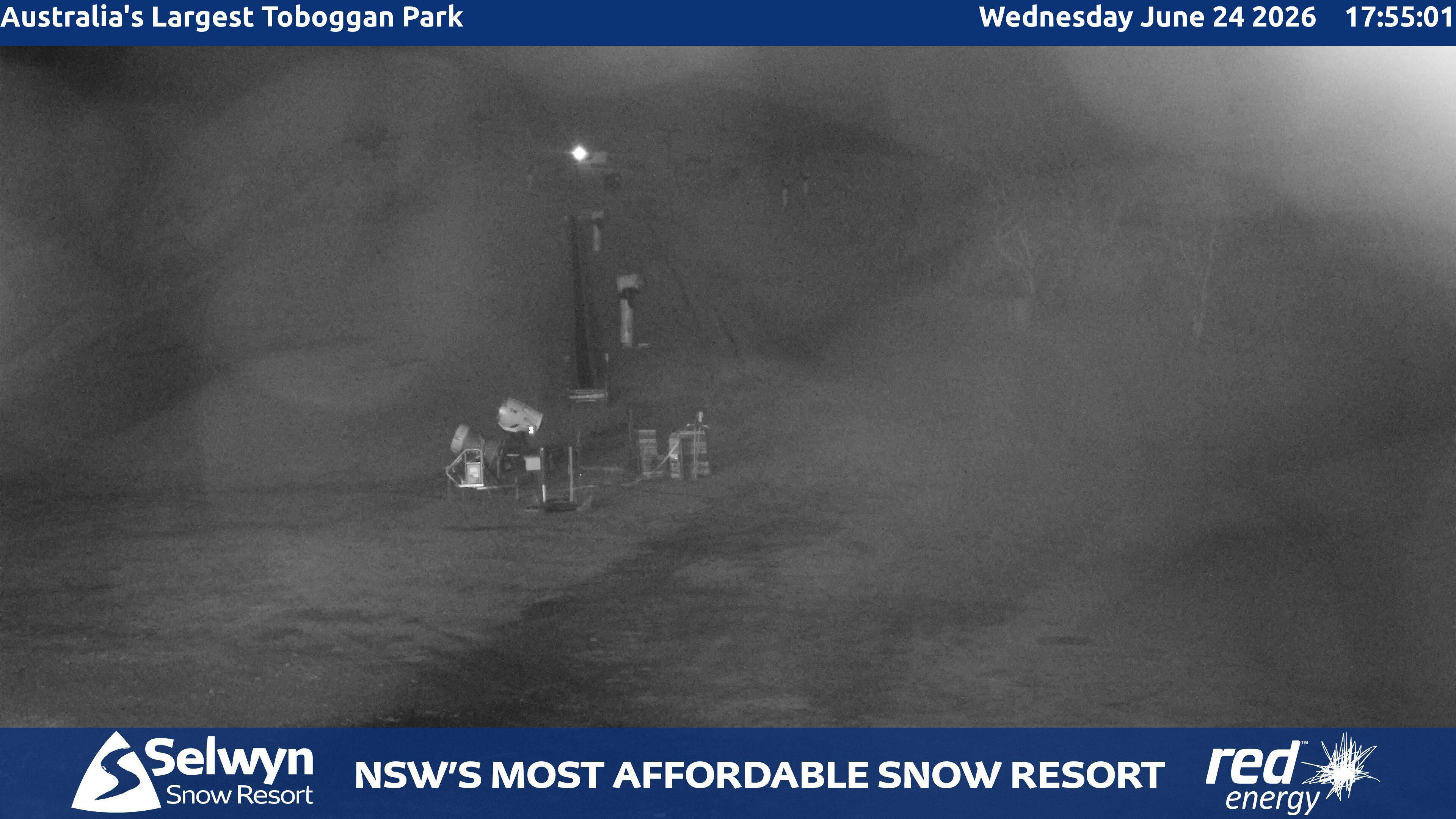 Selwyn Snow Resort Toboggan Park snow cam captured at 24 June 2026 at 5:59 pm AEST