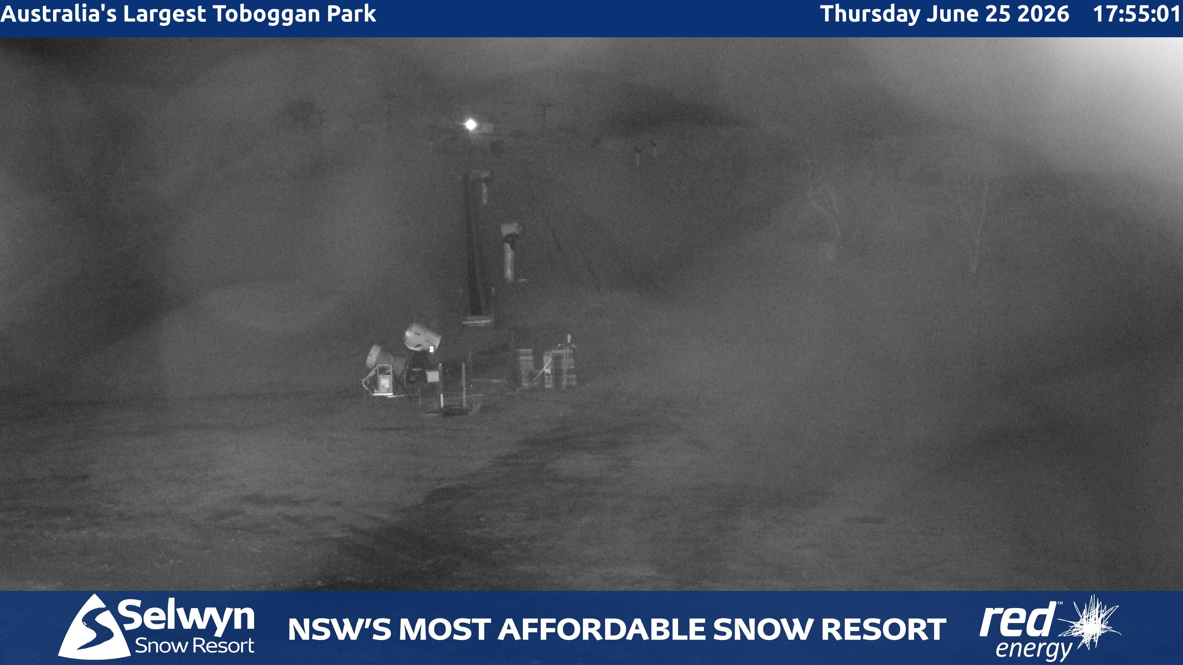 Selwyn Snow Resort Toboggan Park snow cam captured at 25 June 2026 at 5:57 pm AEST