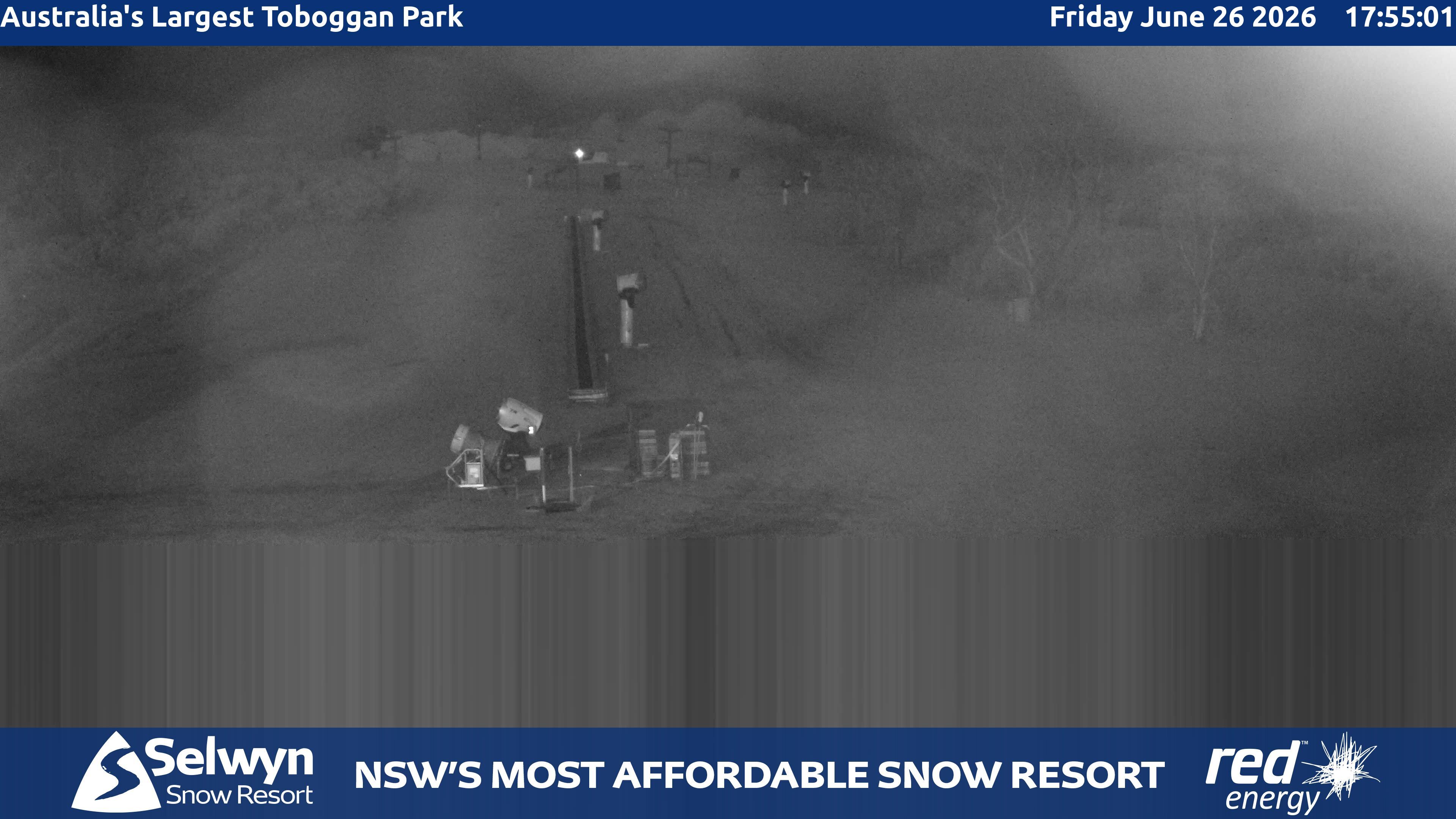Selwyn Snow Resort Toboggan Park snow cam captured at 26 June 2026 at 5:59 pm AEST