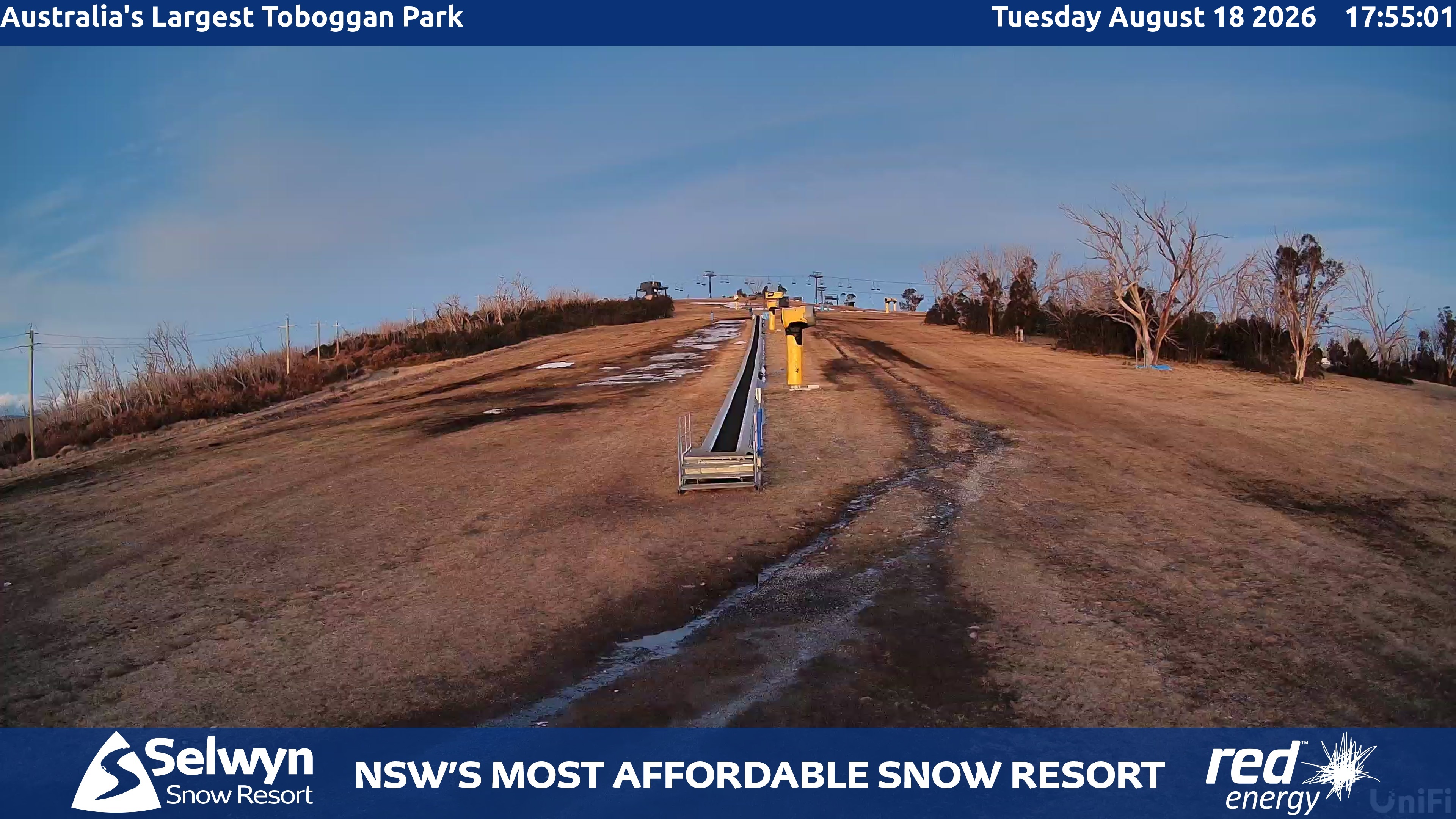 Selwyn Snow Resort Toboggan Park snow cam captured at 18 August 2026 at 6:01 pm AEST