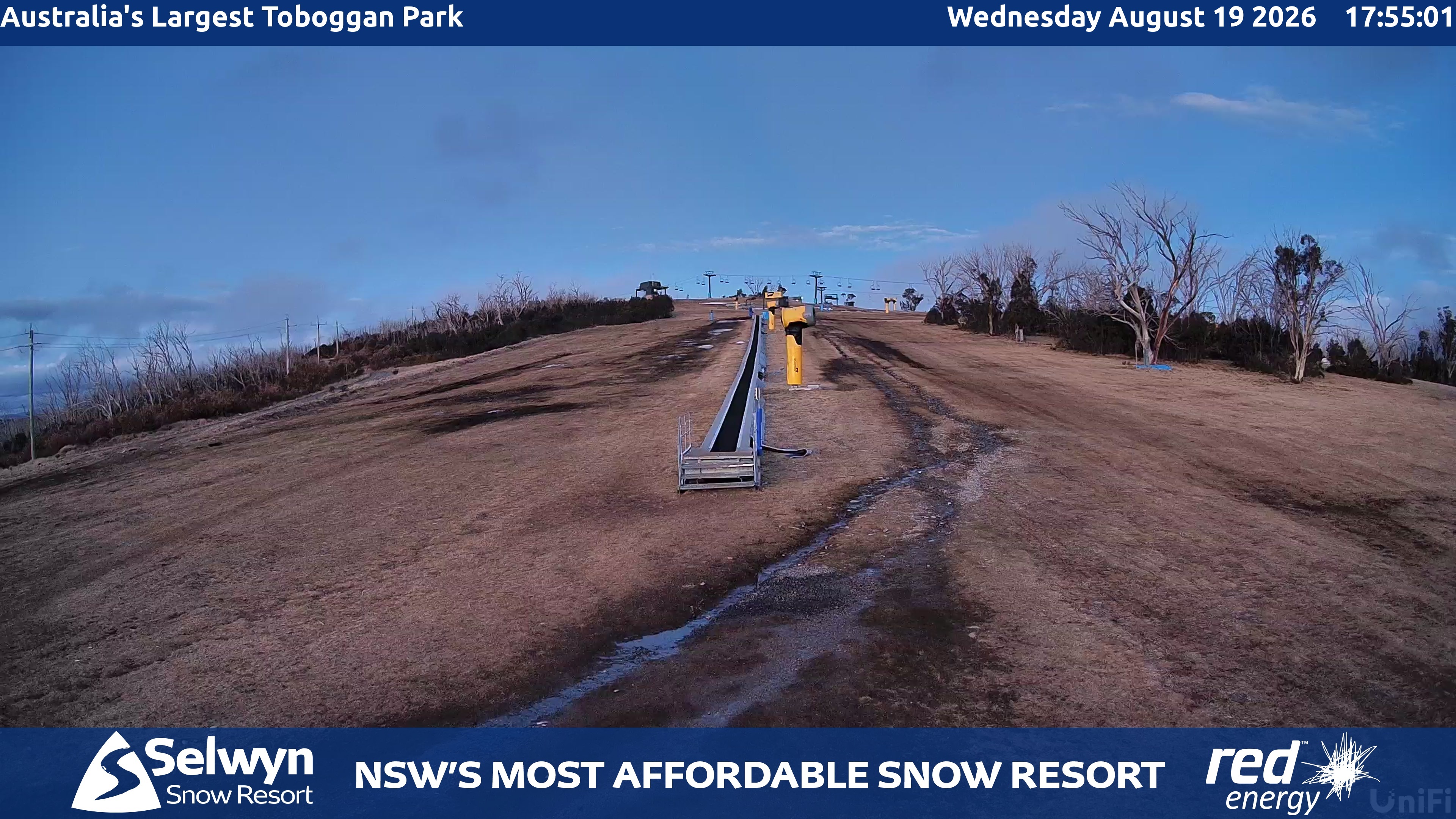 Selwyn Snow Resort Toboggan Park snow cam captured at 19 August 2026 at 5:55 pm AEST