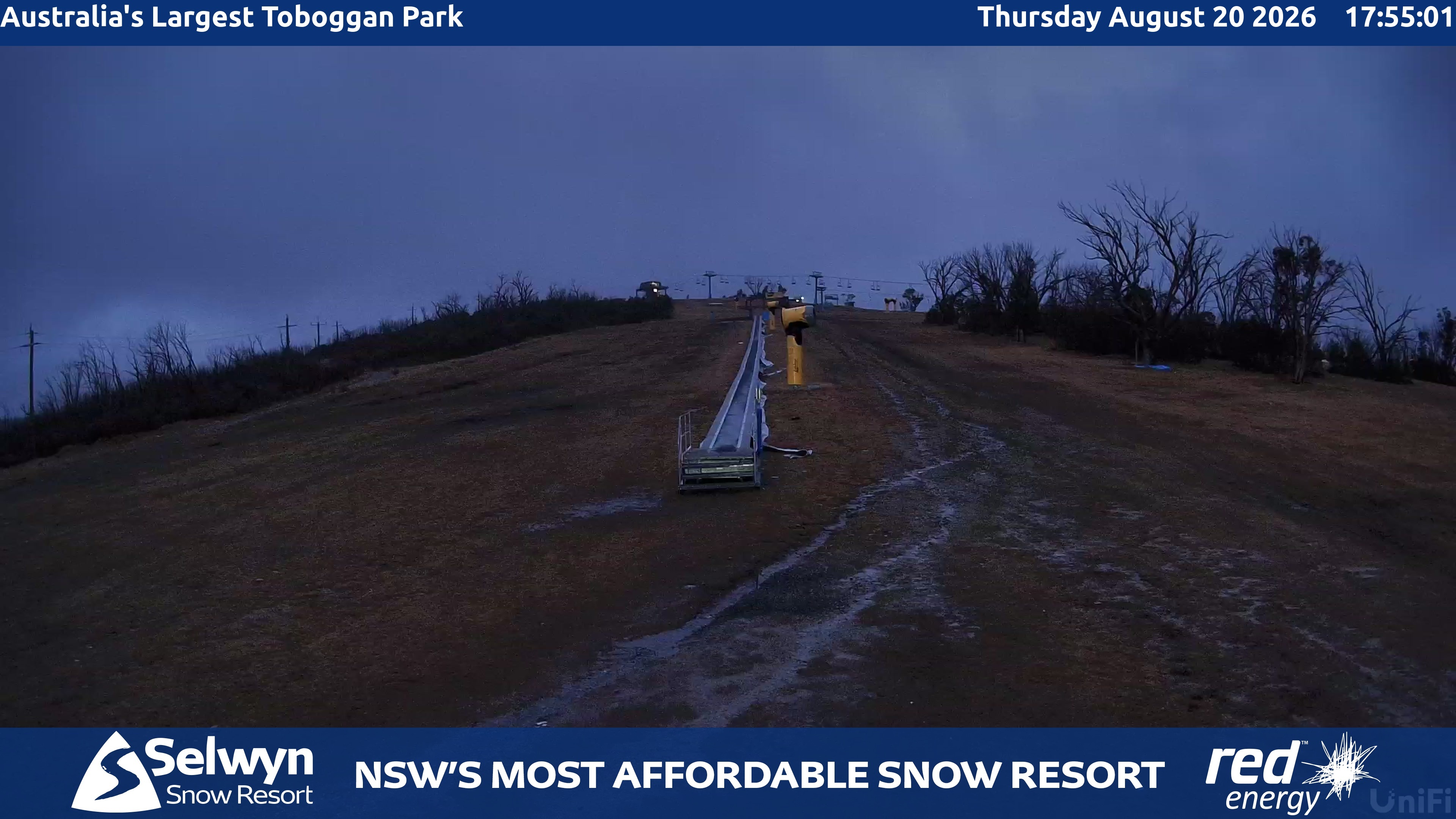 Selwyn Snow Resort Toboggan Park snow cam captured at 20 August 2026 at 5:56 pm AEST