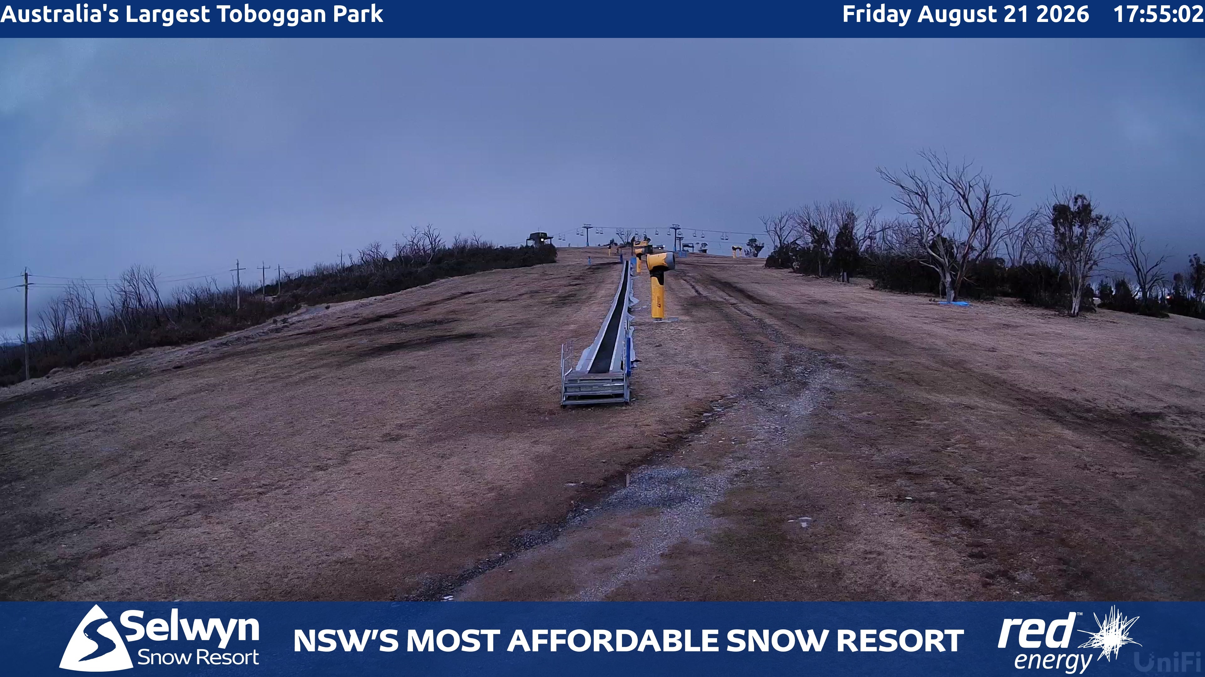 Selwyn Snow Resort Toboggan Park snow cam captured at 21 August 2026 at 5:57 pm AEST