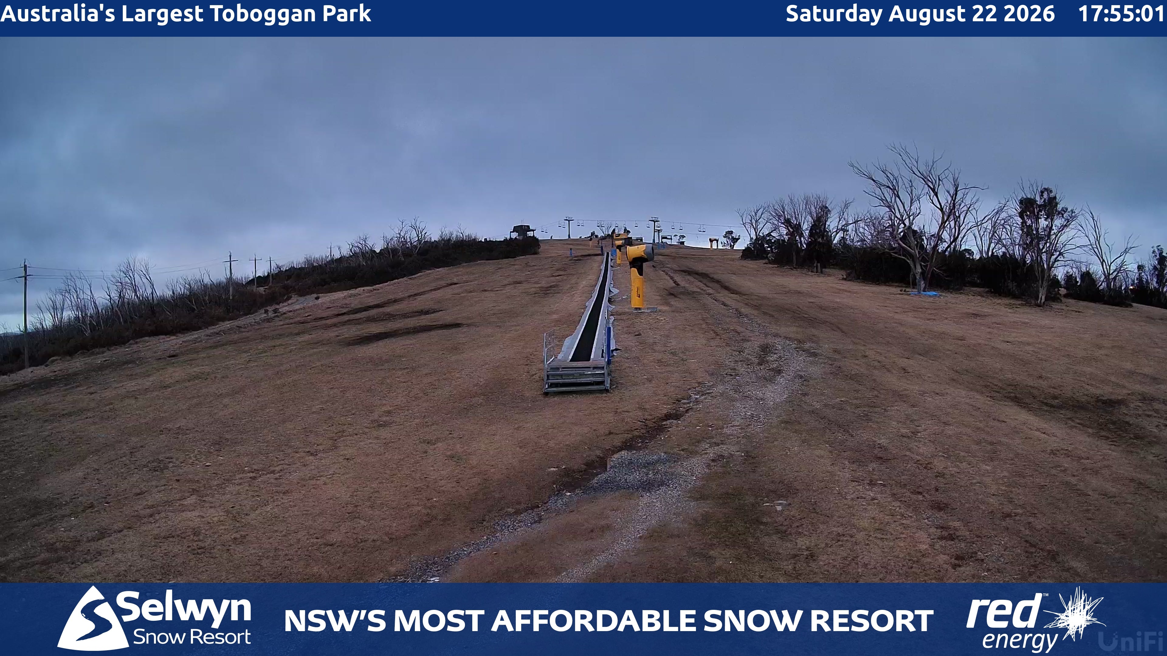 Selwyn Snow Resort Toboggan Park snow cam captured at 22 August 2026 at 5:58 pm AEST