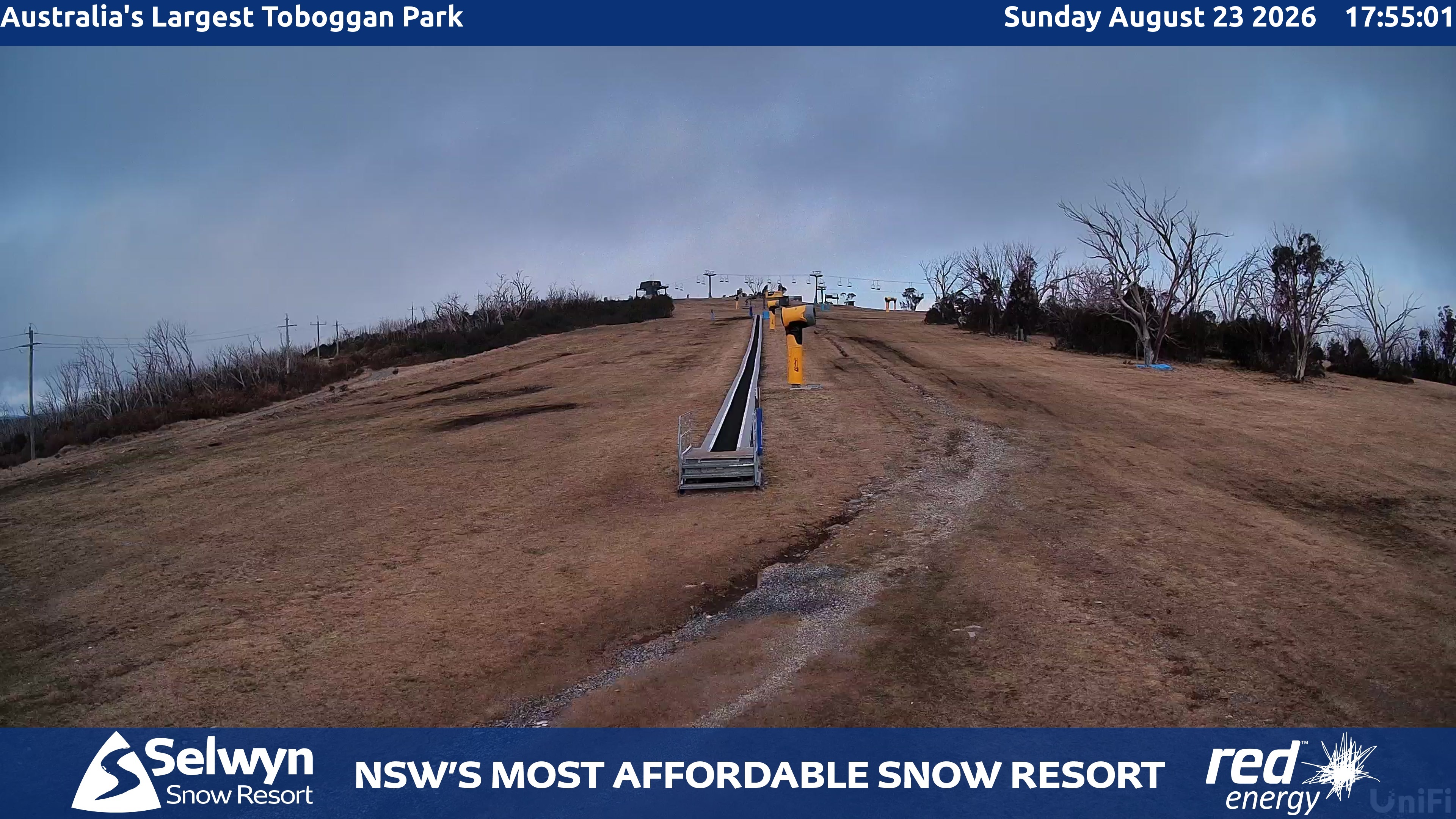 Selwyn Snow Resort Toboggan Park snow cam captured at 23 August 2026 at 5:59 pm AEST