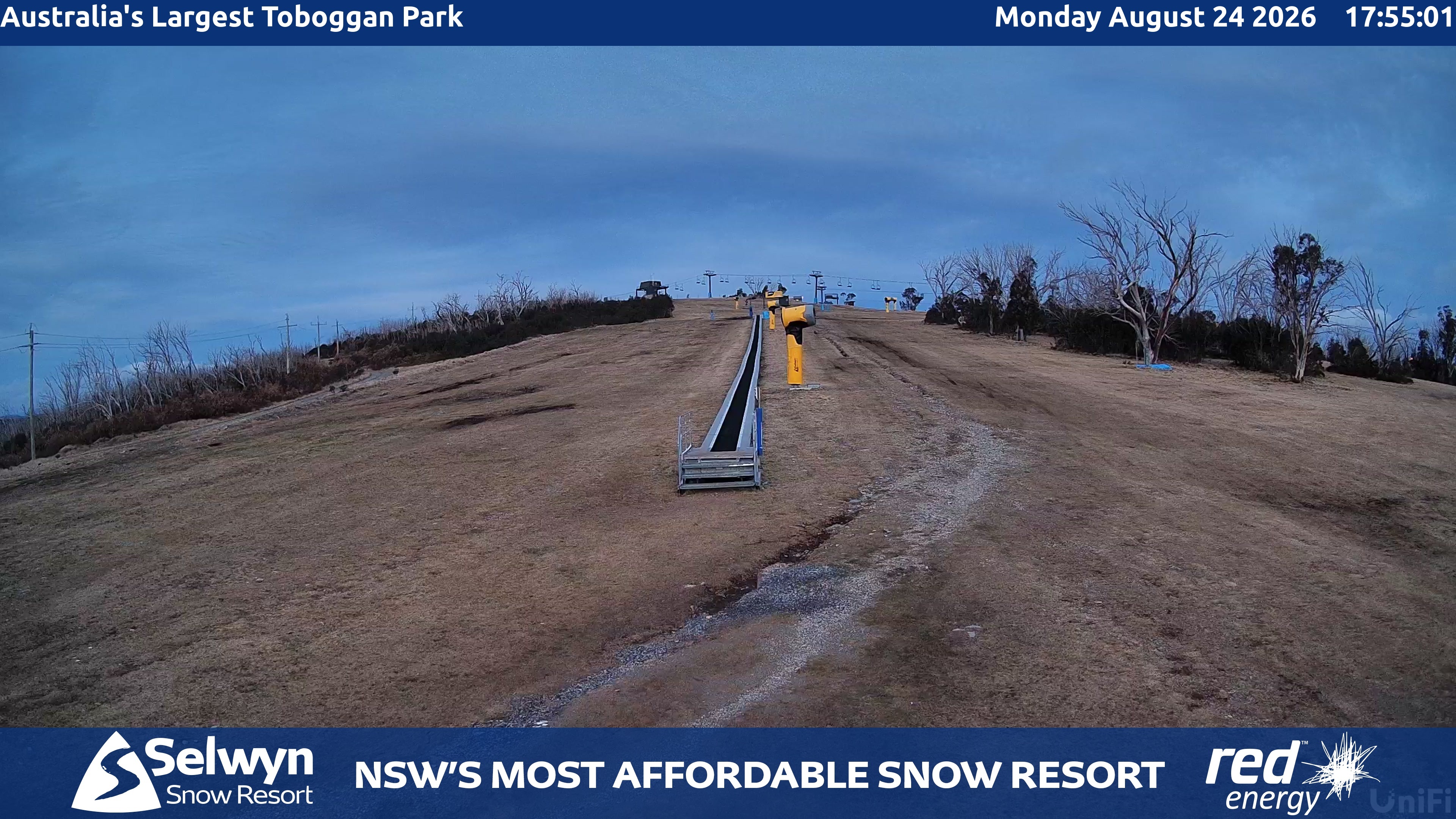 Selwyn Snow Resort Toboggan Park snow cam captured at 24 August 2026 at 6:00 pm AEST
