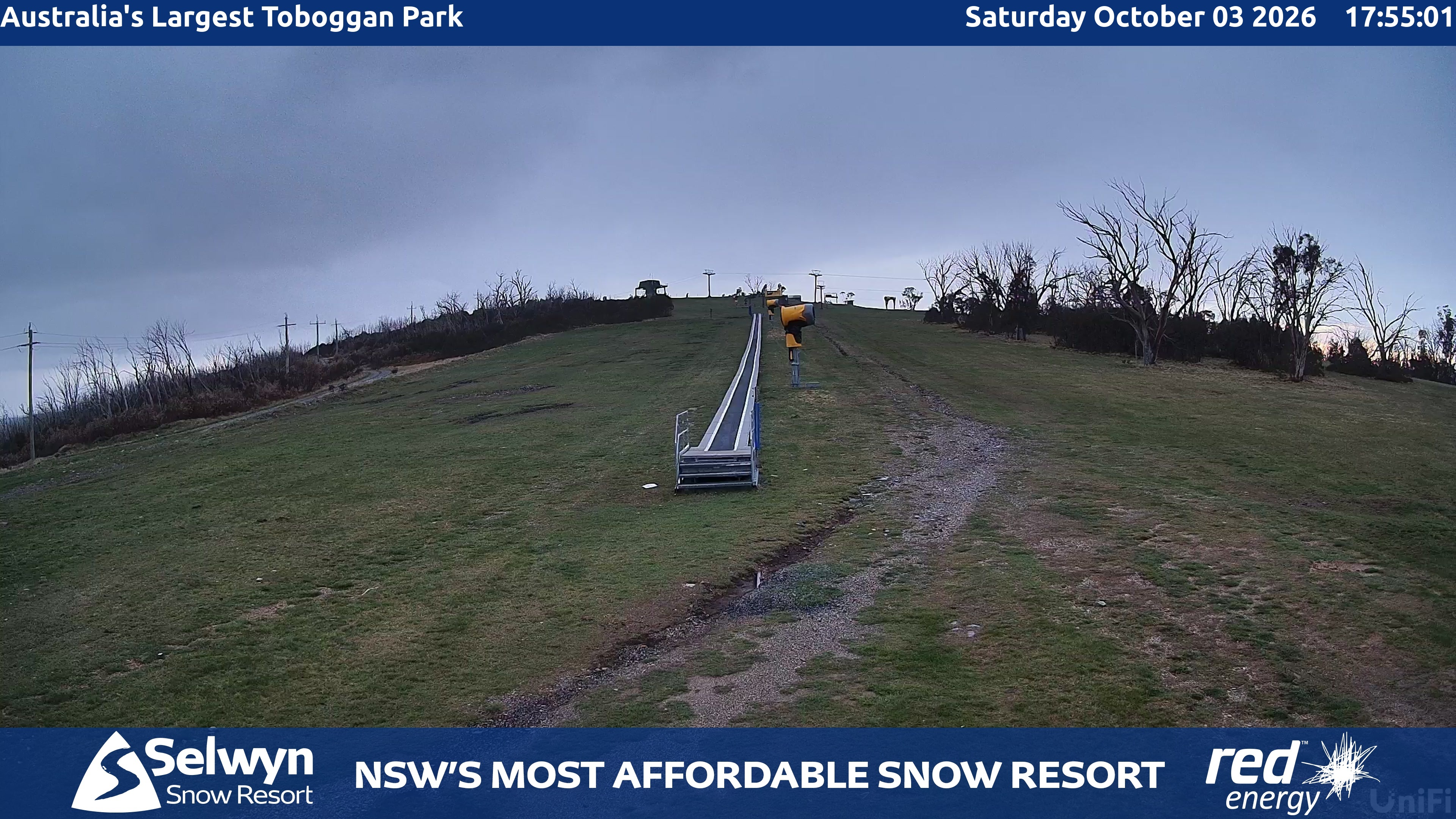 Selwyn Snow Resort Toboggan Park snow cam captured at 3 October 2026 at 6:17 pm AEST
