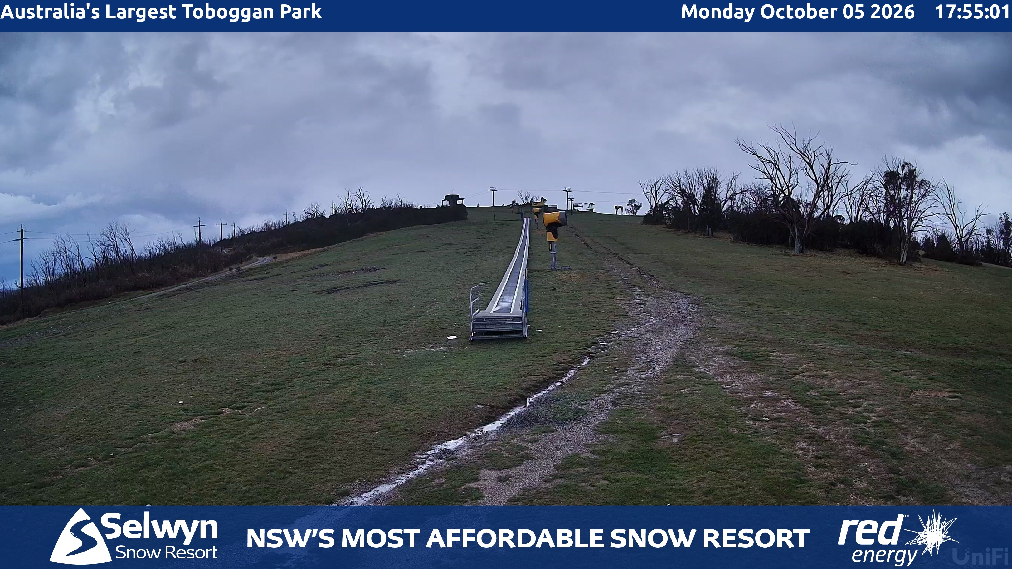 Selwyn Snow Resort Toboggan Park snow cam captured at 5 October 2026 at 5:55 pm AEDT