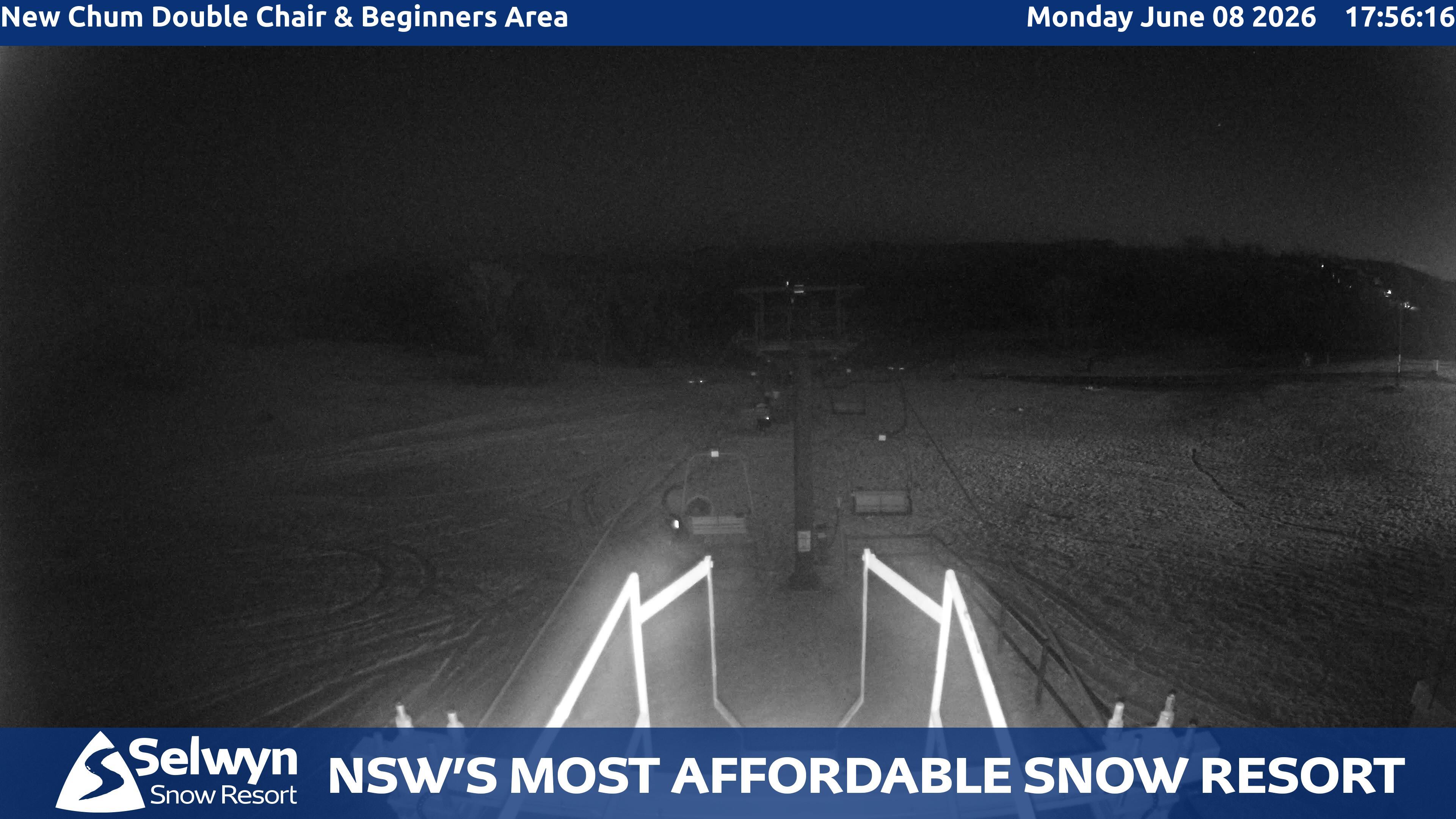 Selwyn Snow Resort New Chum Double Chair and Beginners Area snow cam captured at 8 June 2026 at 6:01 pm AEST