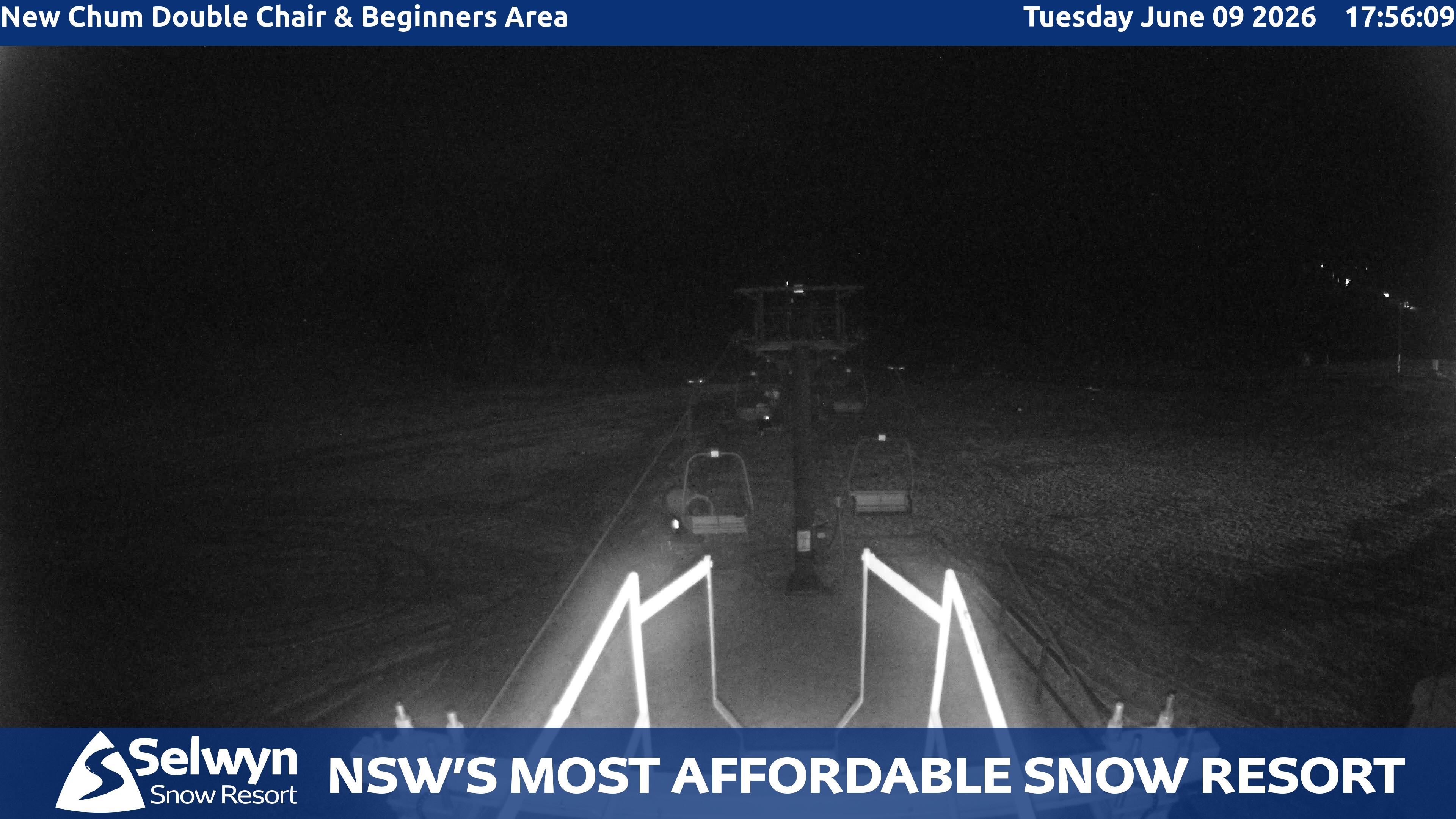 Selwyn Snow Resort New Chum Double Chair and Beginners Area snow cam captured at 9 June 2026 at 6:00 pm AEST